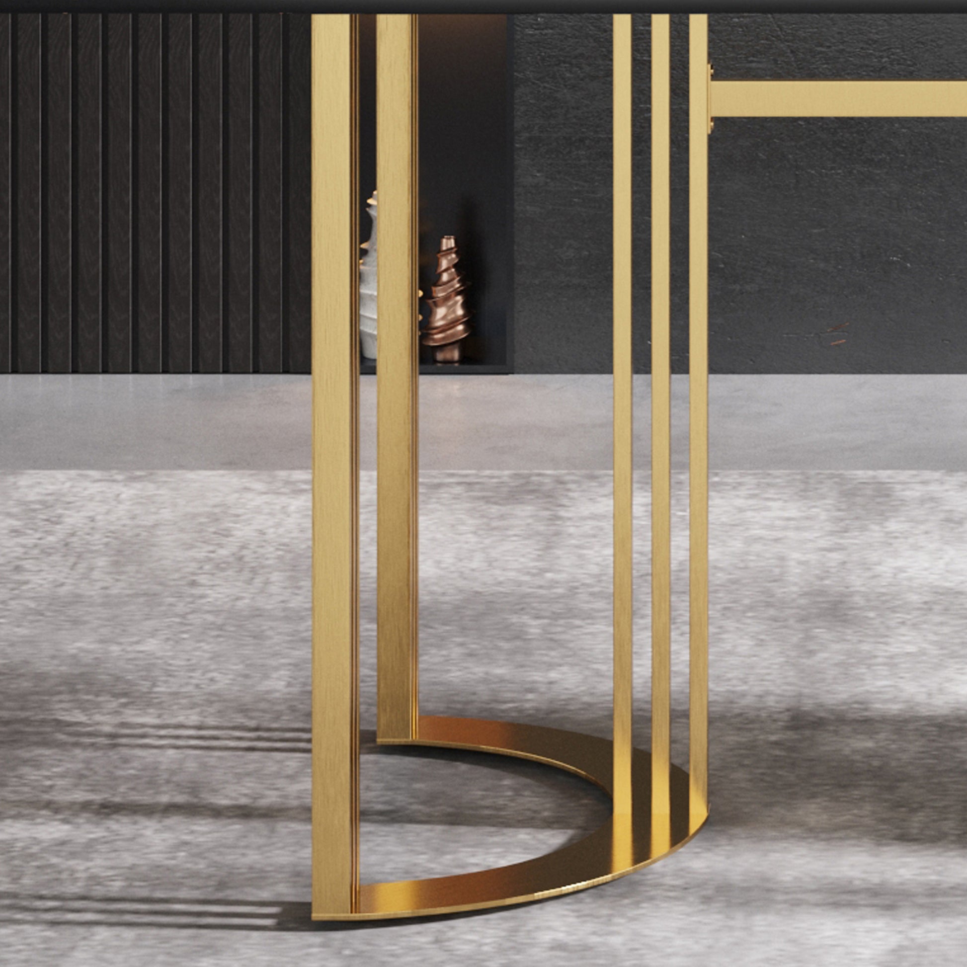 63"Modern Artificial Stone Black Straight Edge Golden Metal Leg Dining Table 6 People Black Metal Sintered Stone