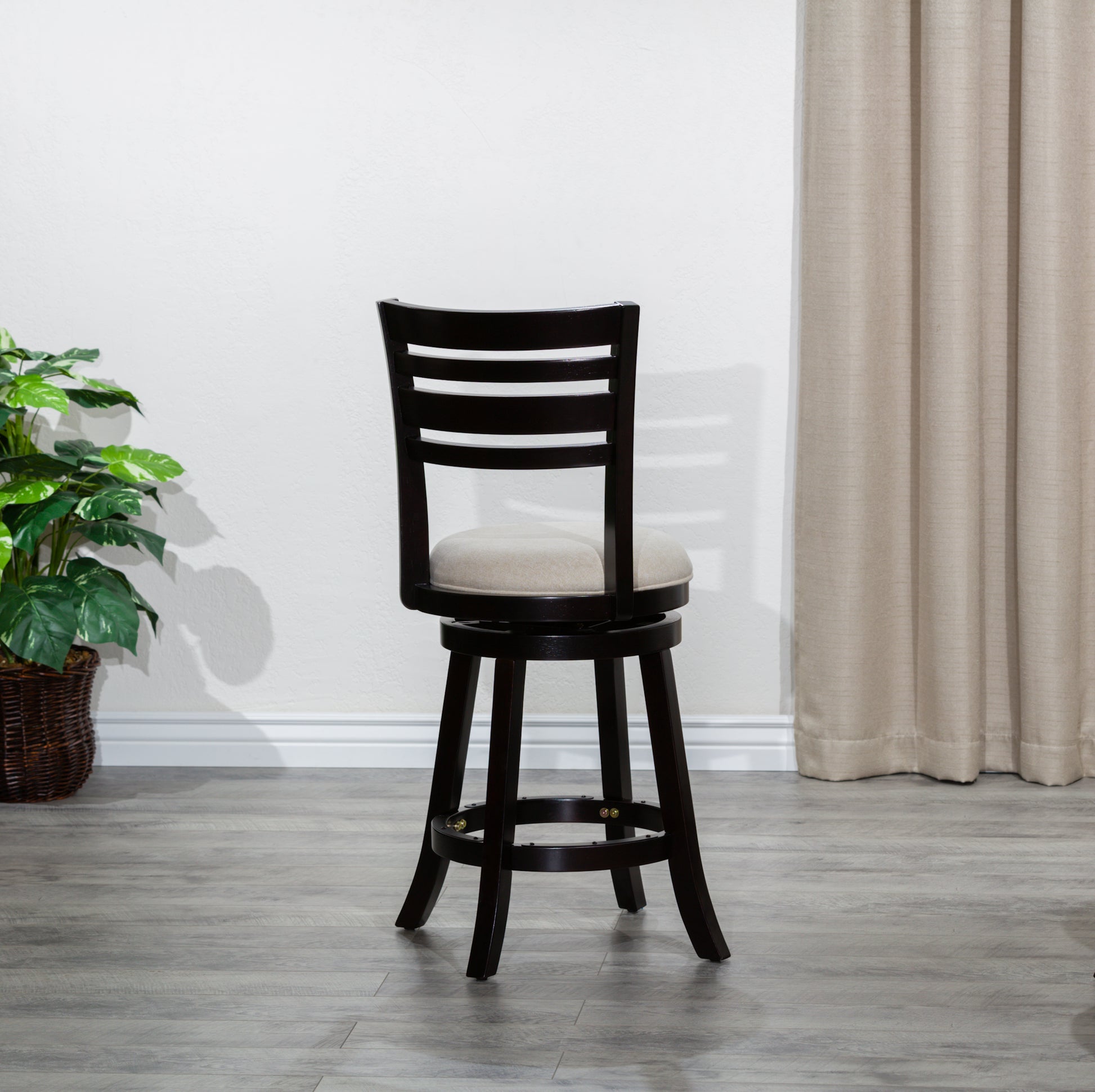 24" Counter Height Slat Back Swivel Stool, Espresso Finish, Beige Fabric Seat Espresso Fabric