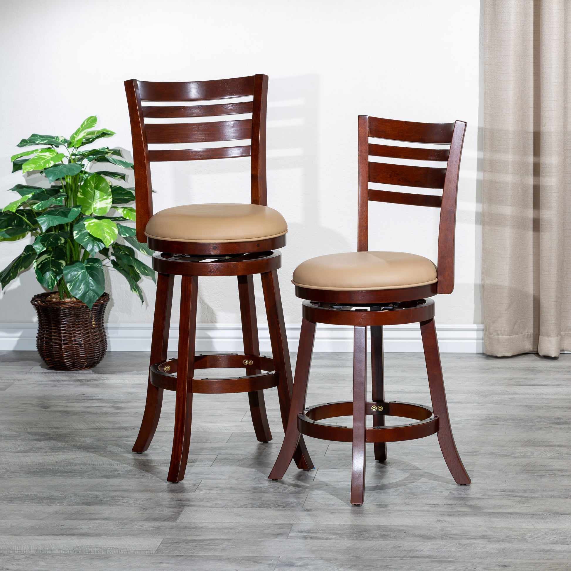 24" Counter Height Slat Back Swivel Stool, Cherry Finish, Bone Leather Seat Cherry Bonded Leather