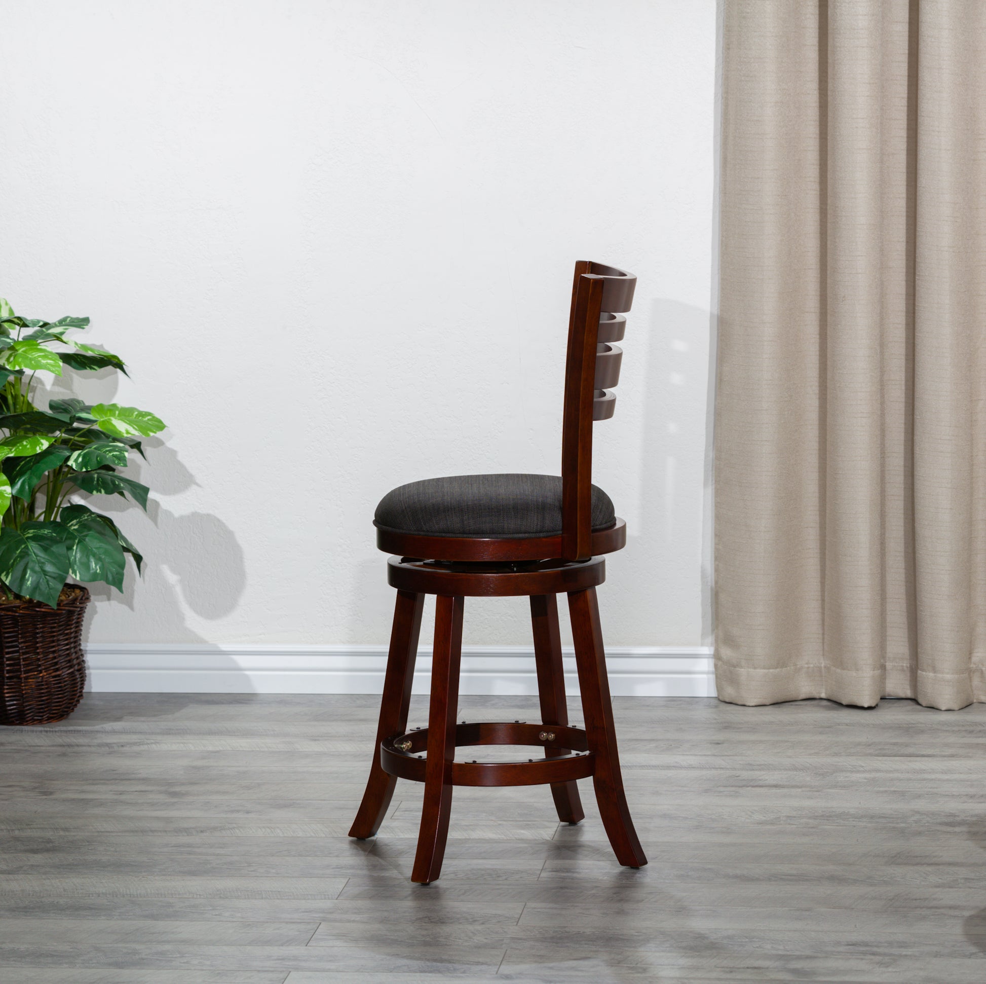 24" Counter Height Slat Back Swivel Stool, Cherry Finish, Charcoal Fabric Seat Cherry Fabric