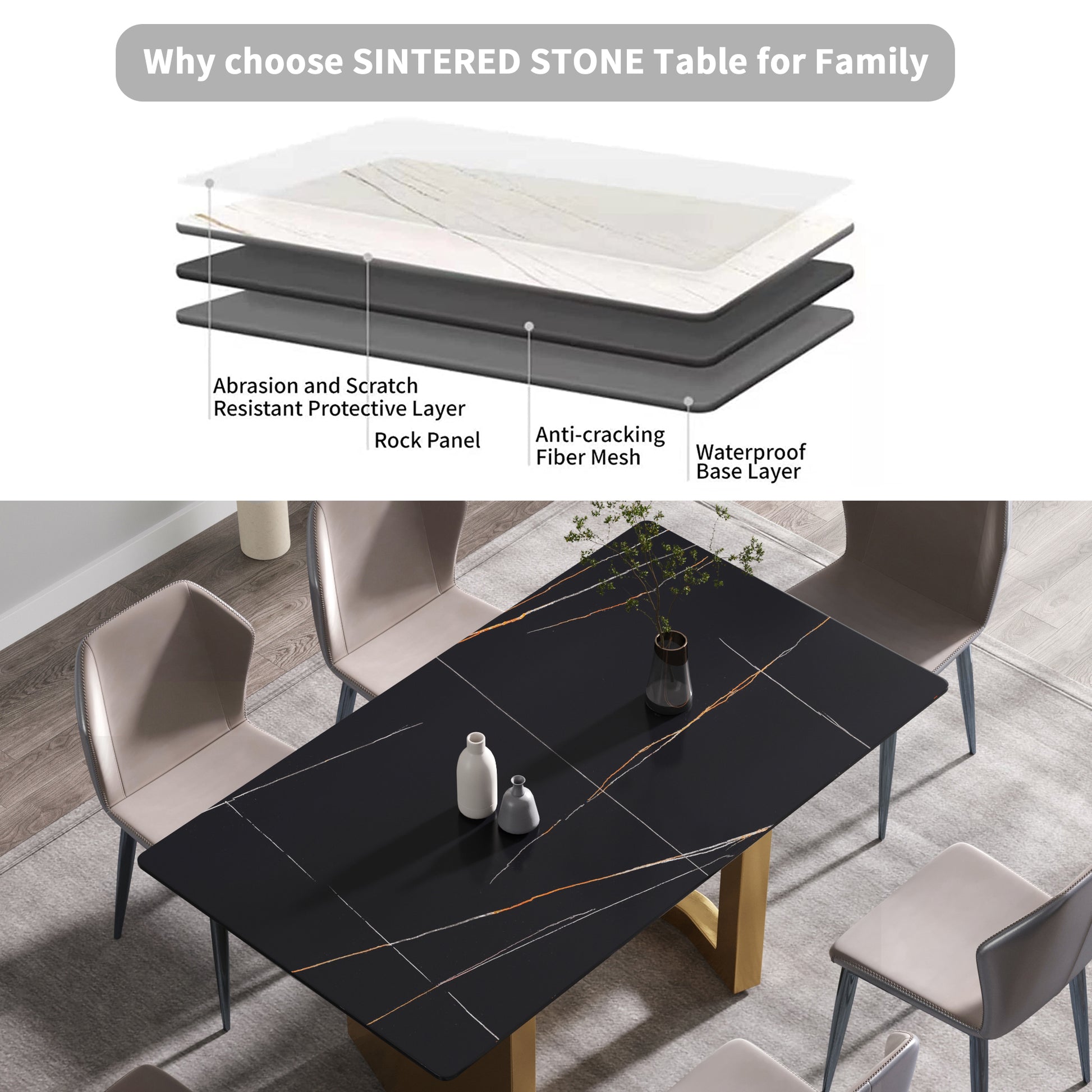 63"Modern Artificial Stone Black Straight Edge Golden Metal Leg Dining Table 6 People Black Metal Sintered Stone