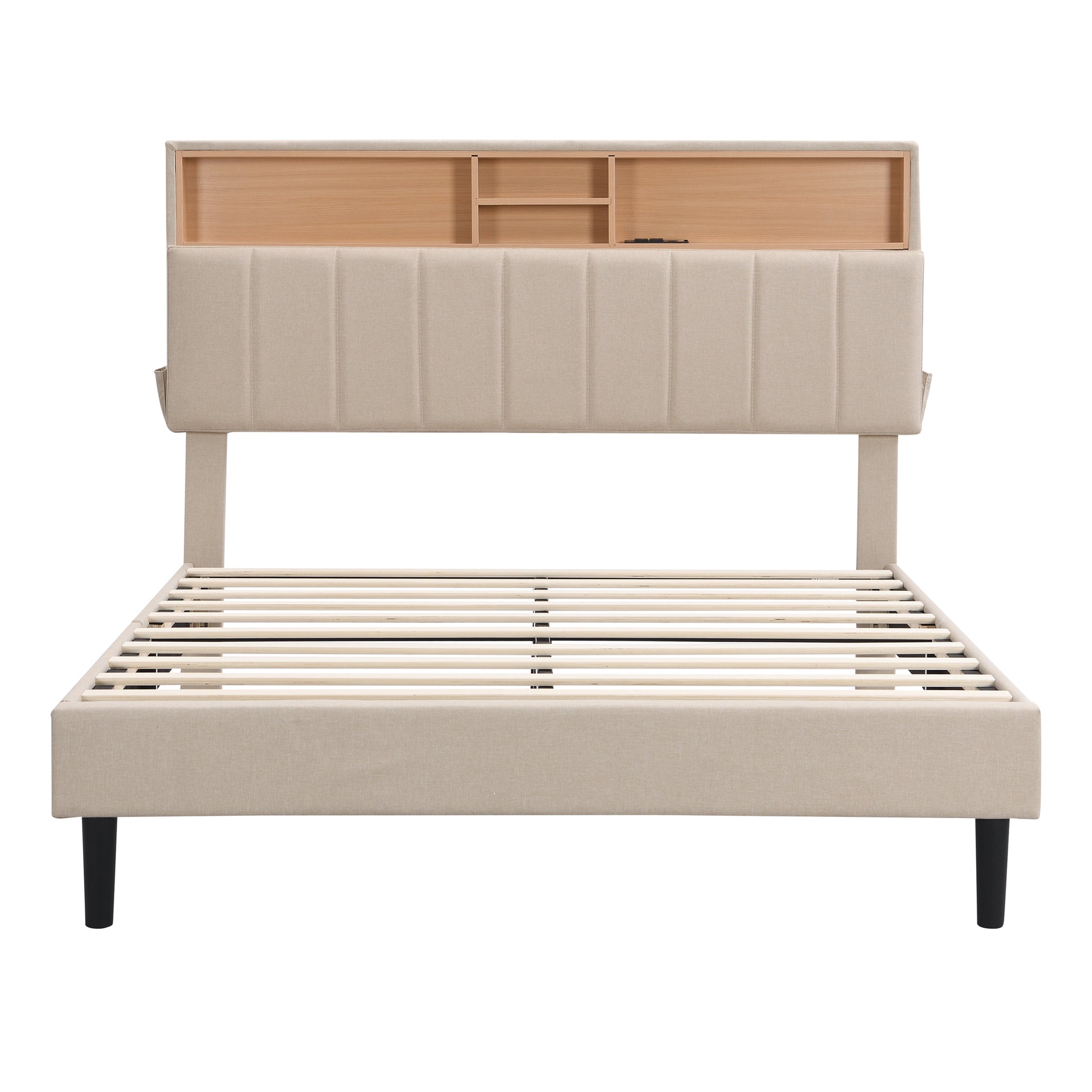 Full Size Upholstered Platform Bed With Storage Headboard And Usb Port, Linen Fabric Upholstered Bed Beige Beige Linen