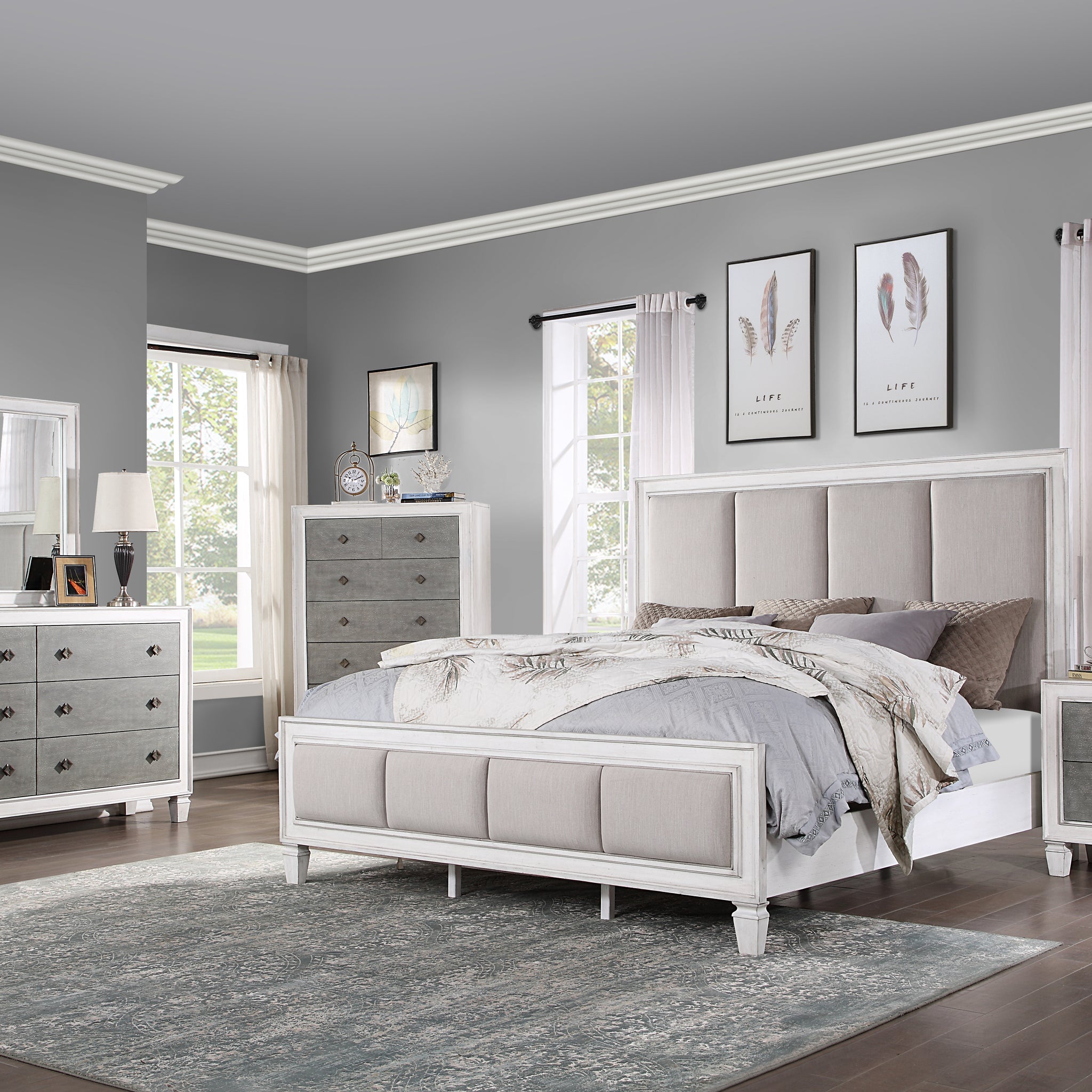 Katia Ck Bed Light Gray Linen, Rustic Gray & Weathered White Finish Bd00658Ck Light Gray Linen