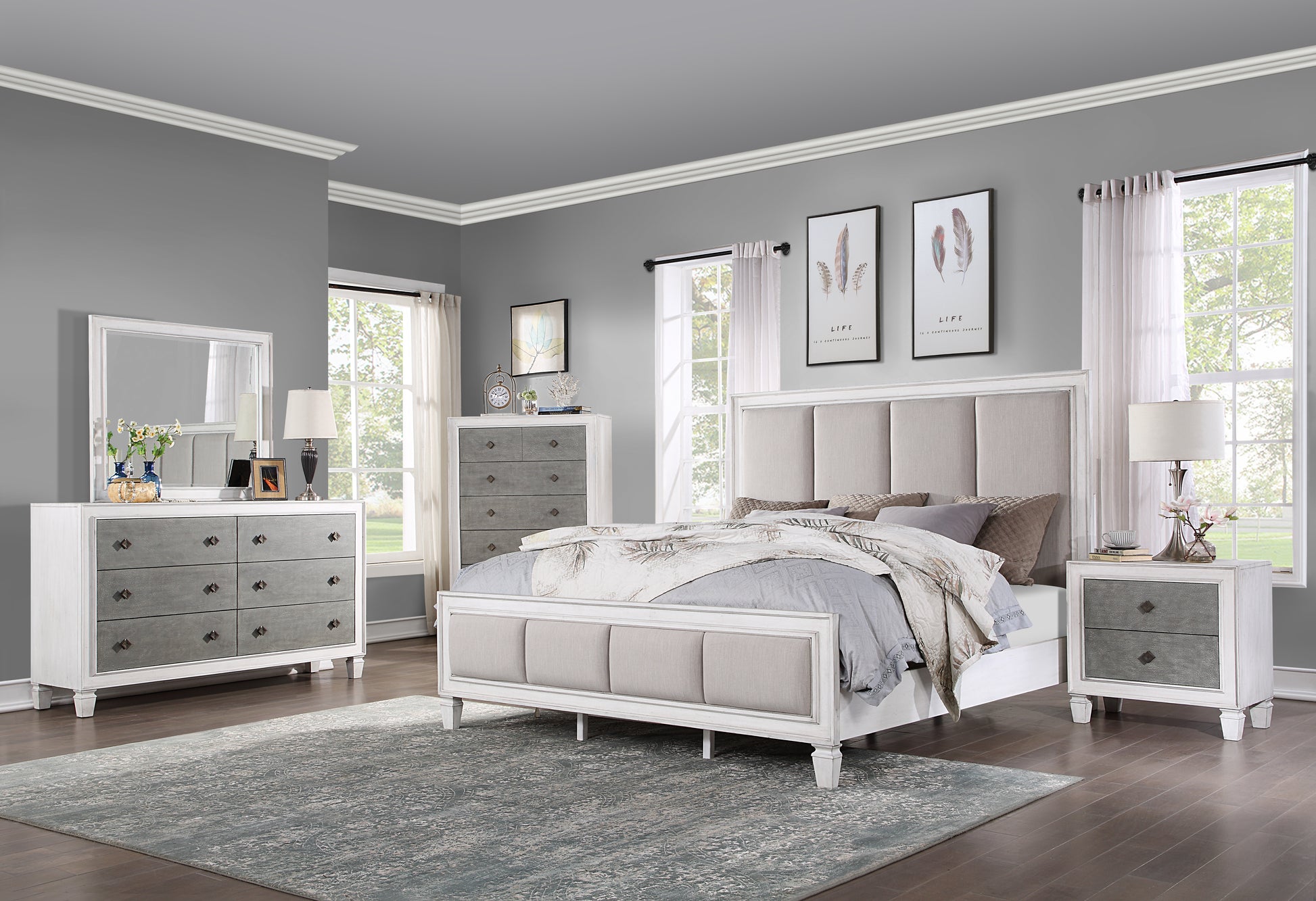 Katia Ck Bed Light Gray Linen, Rustic Gray & Weathered White Finish Bd00658Ck Light Gray Linen