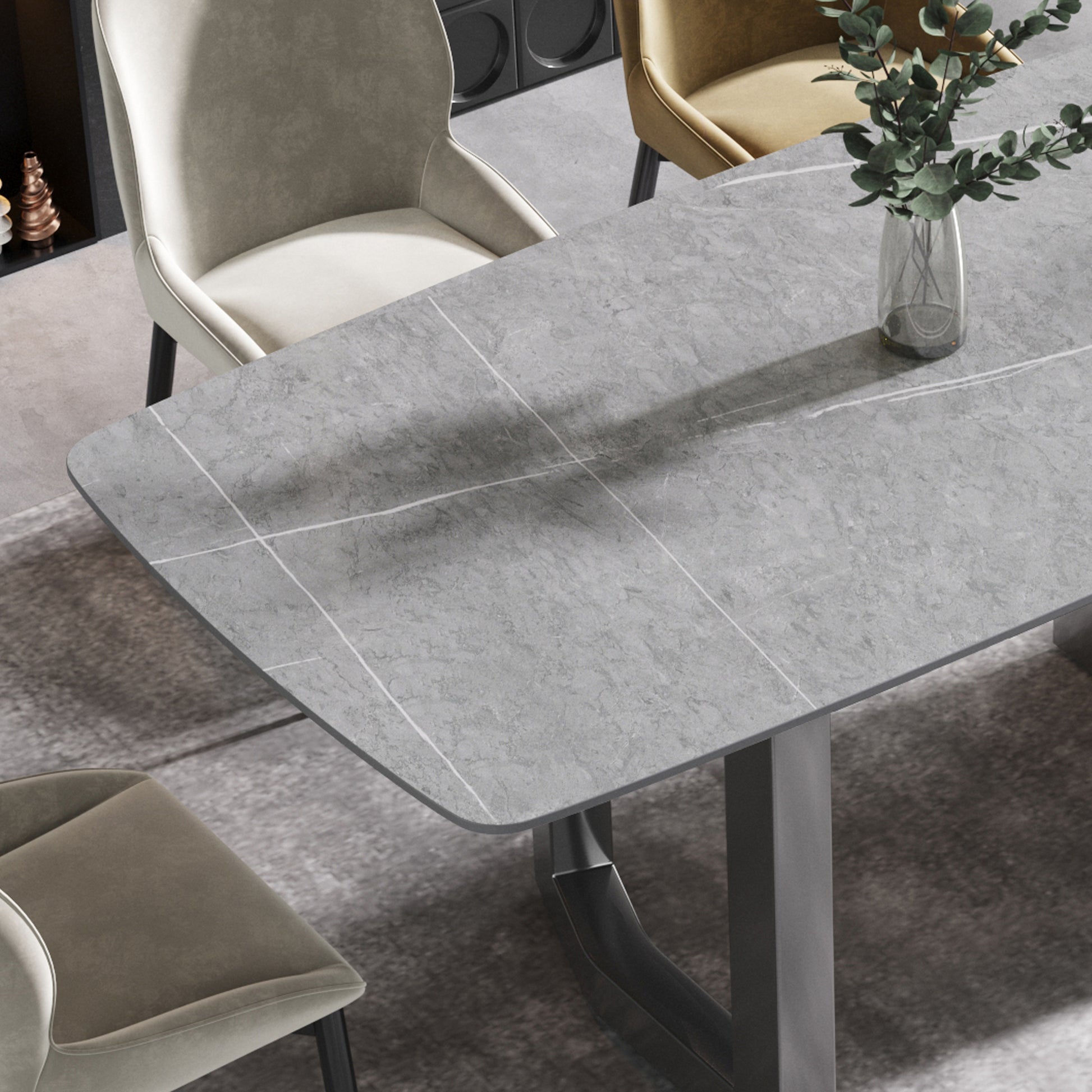 70.87"Modern Artificial Stone Gray Curved Black Metal Leg Dining Table Can Accommodate 6 8 People Gray Metal Sintered Stone