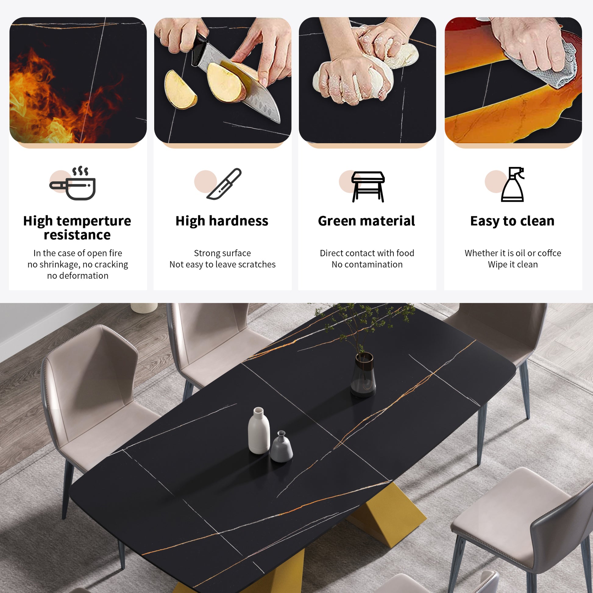 70.87"Modern Artificial Stone Black Curved Golden Metal Leg Dining Table Can Accommodate 6 8 People Black Metal Sintered Stone