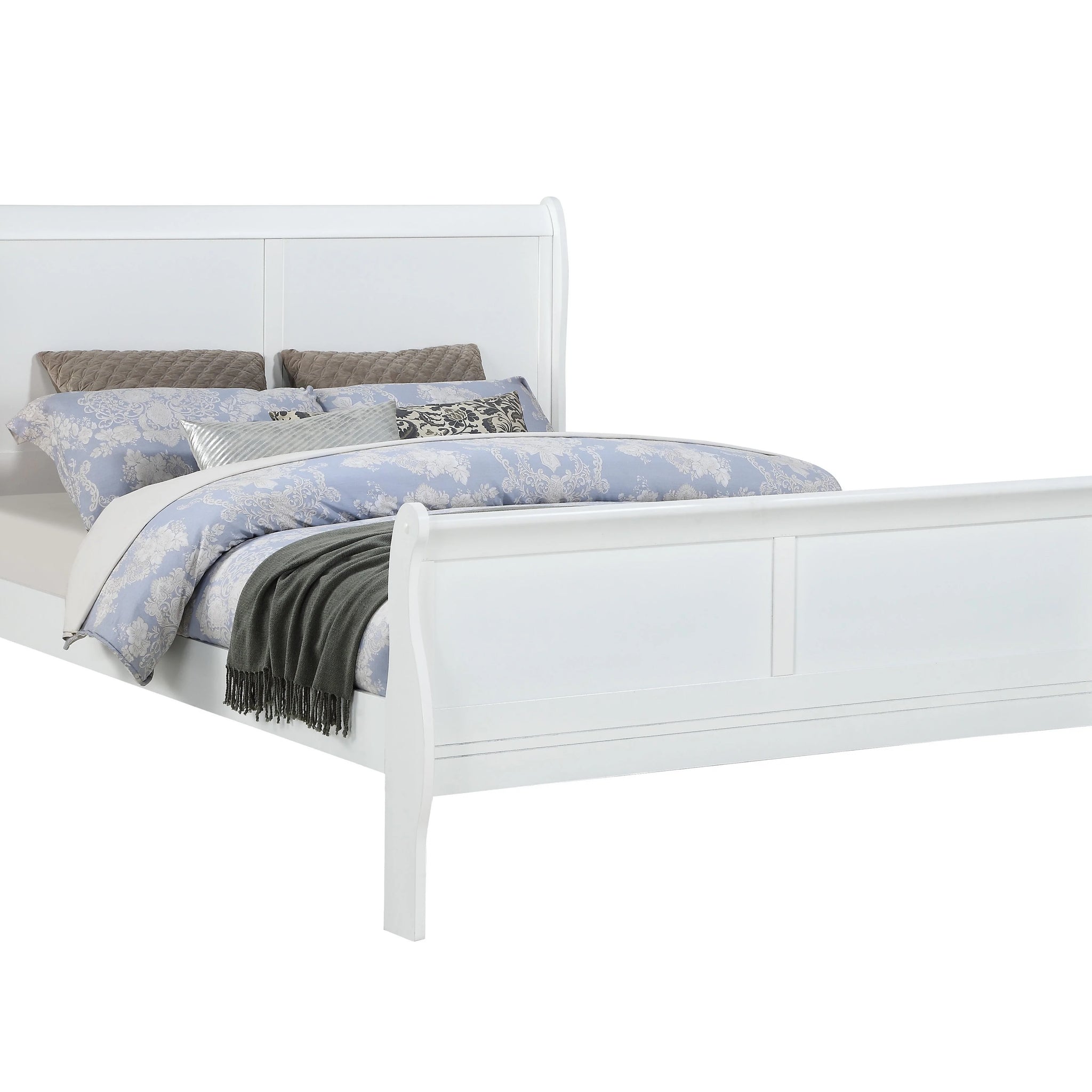 Louis Phillipe White Finish King Size Panel Sleigh Bed Solid Wood Wooden Bedroom Furniture King White Contemporary Solid Wood