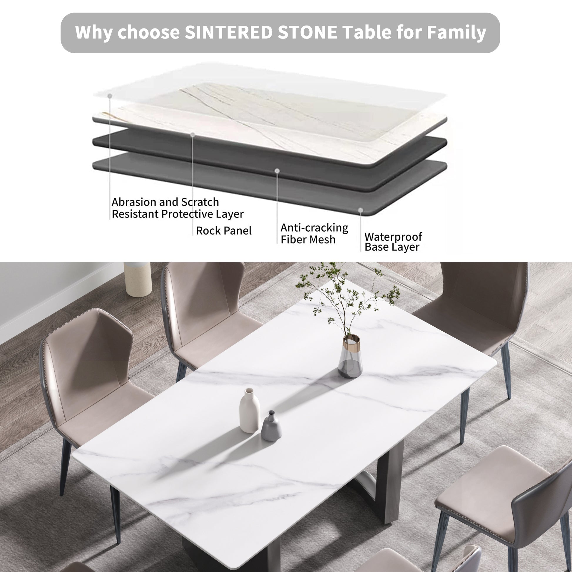 63"Modern Artificial Stone White Straight Edge Black Metal Leg Dining Table 6 People White Metal Sintered Stone