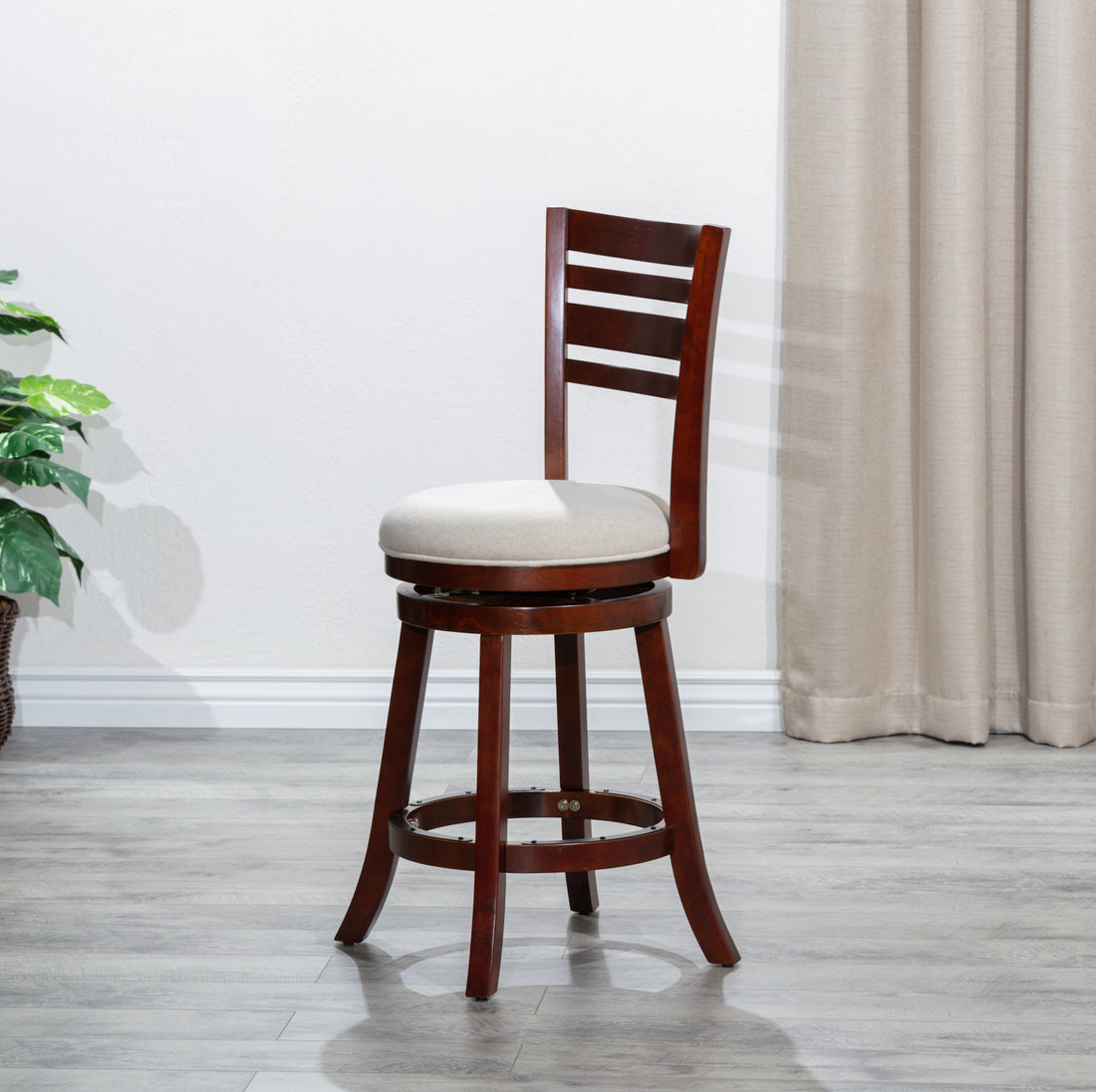 24" Counter Height Slat Back Swivel Stool, Cherry Finish, Beige Fabric Seat Cherry Fabric
