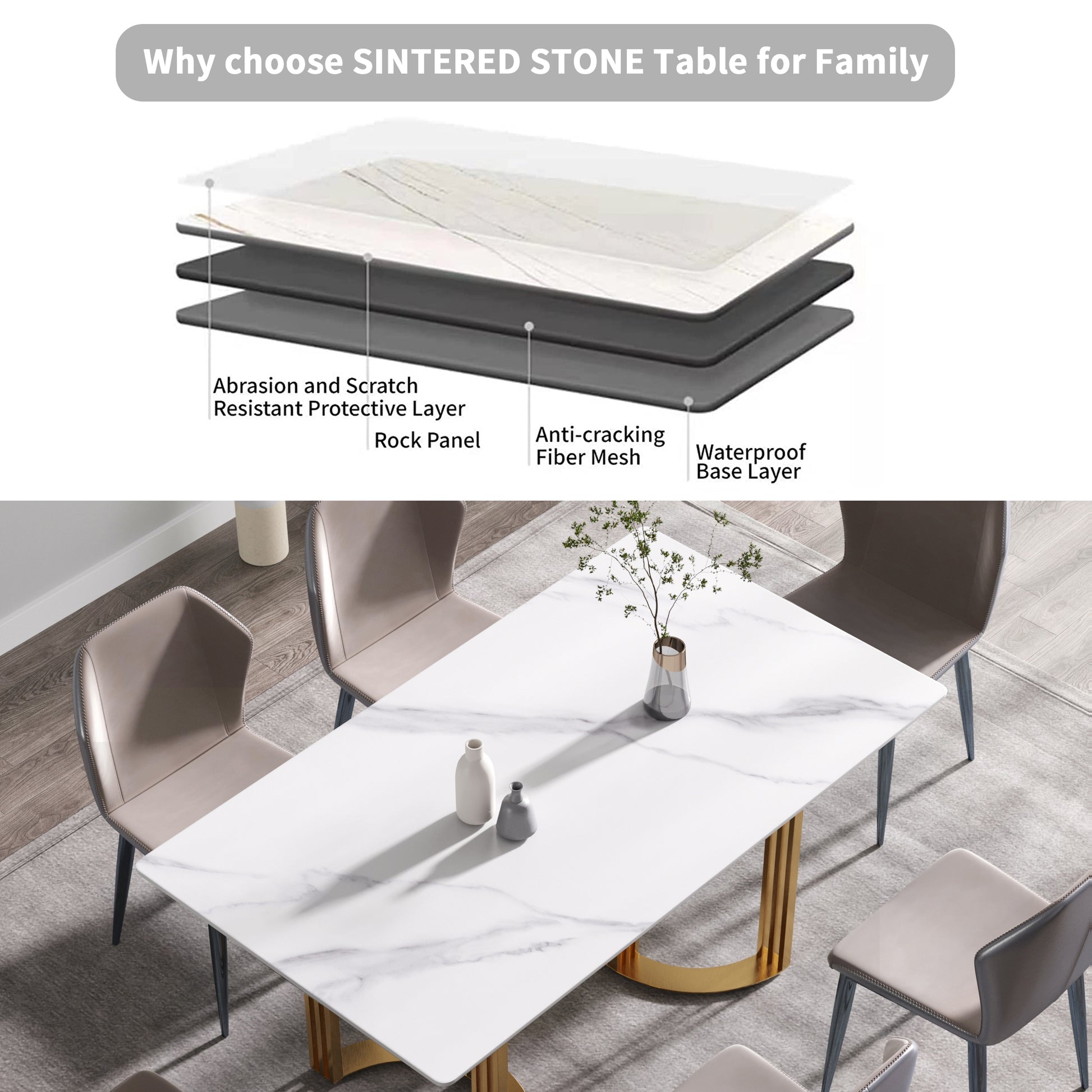 63"Modern Artificial Stone White Straight Edge Golden Metal Leg Dining Table 6 People White Metal Sintered Stone