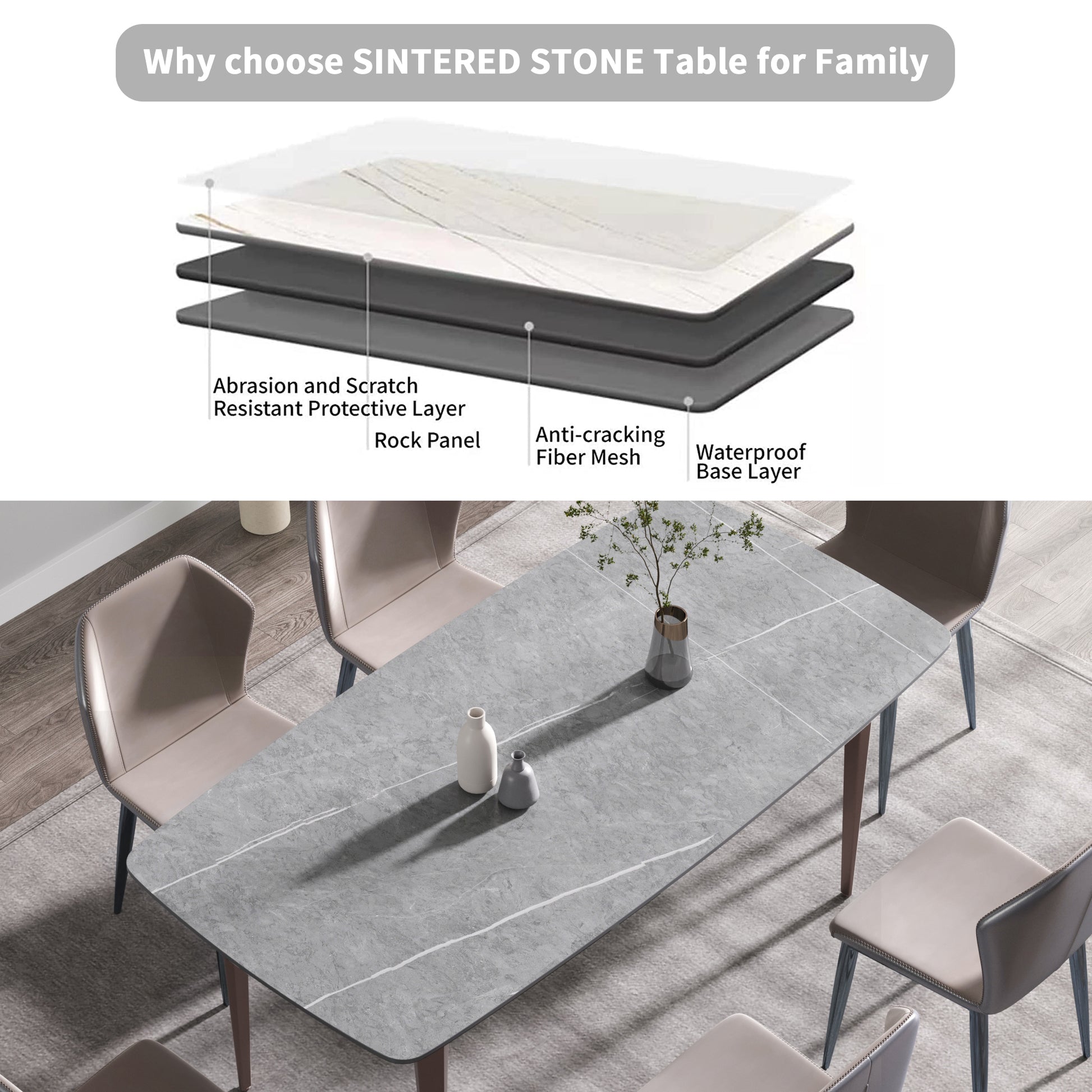 70.87"Modern Artificial Stone Gray Curved Metal Leg Dining Table Can Accommodate 6 8 People Gray Metal Sintered Stone