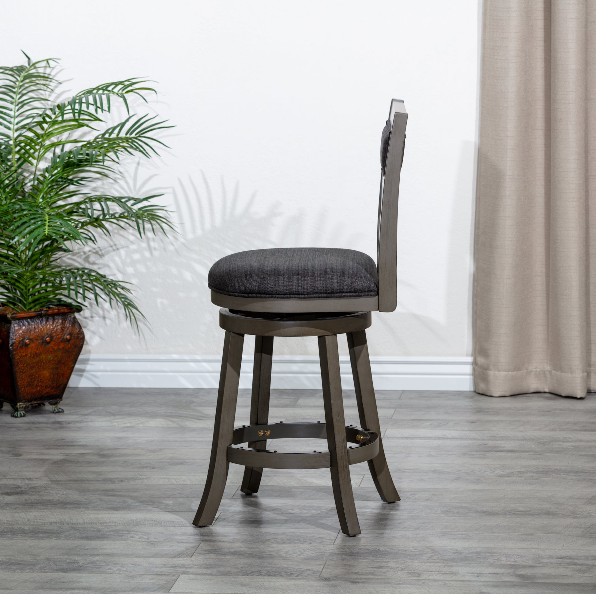 24" Counter Height X Back Swivel Stool, Weathered Gray Finish, Charcoal Fabric Seat Gray Fabric
