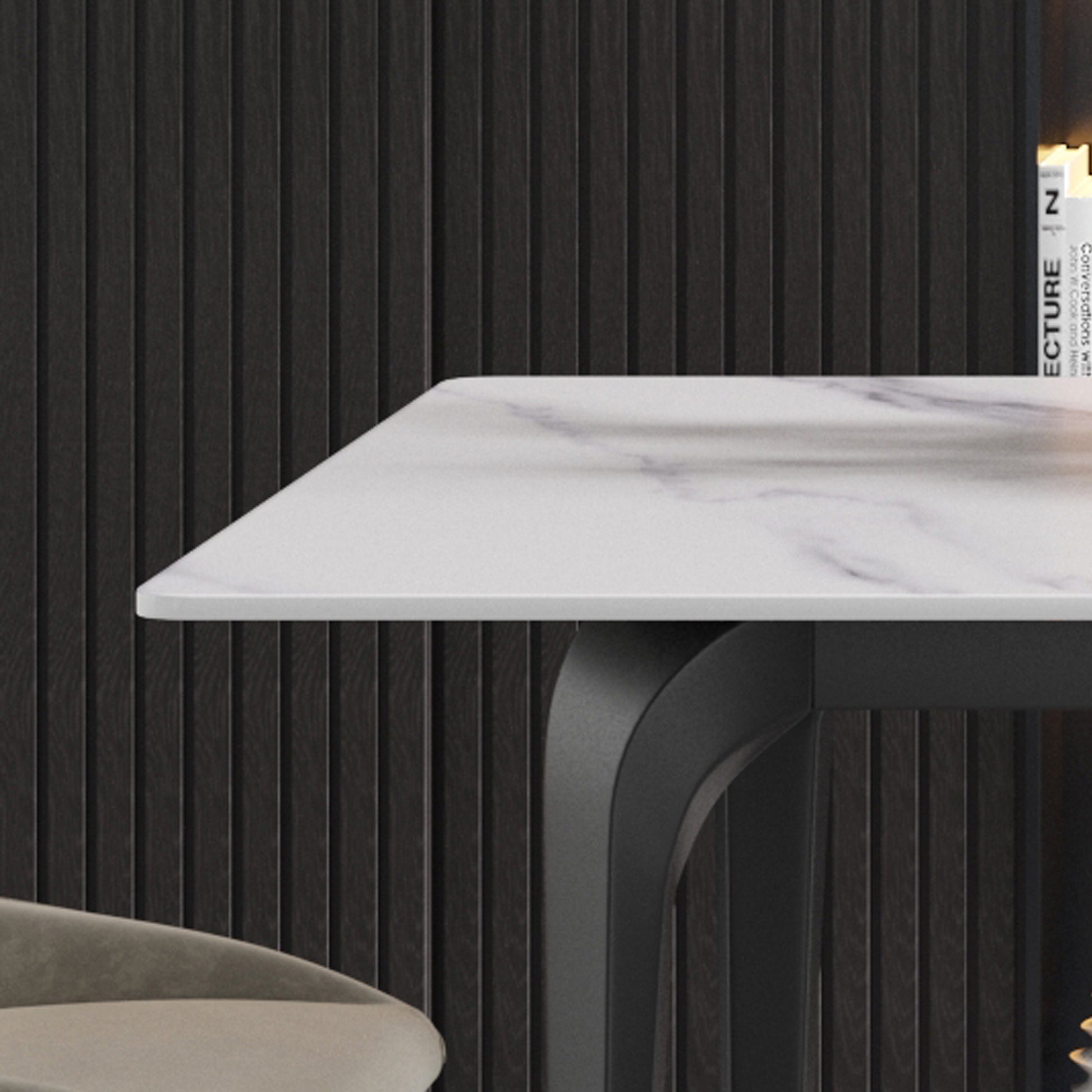 63"Modern Artificial Stone White Straight Edge Black Metal Leg Dining Table 6 People White Metal Sintered Stone
