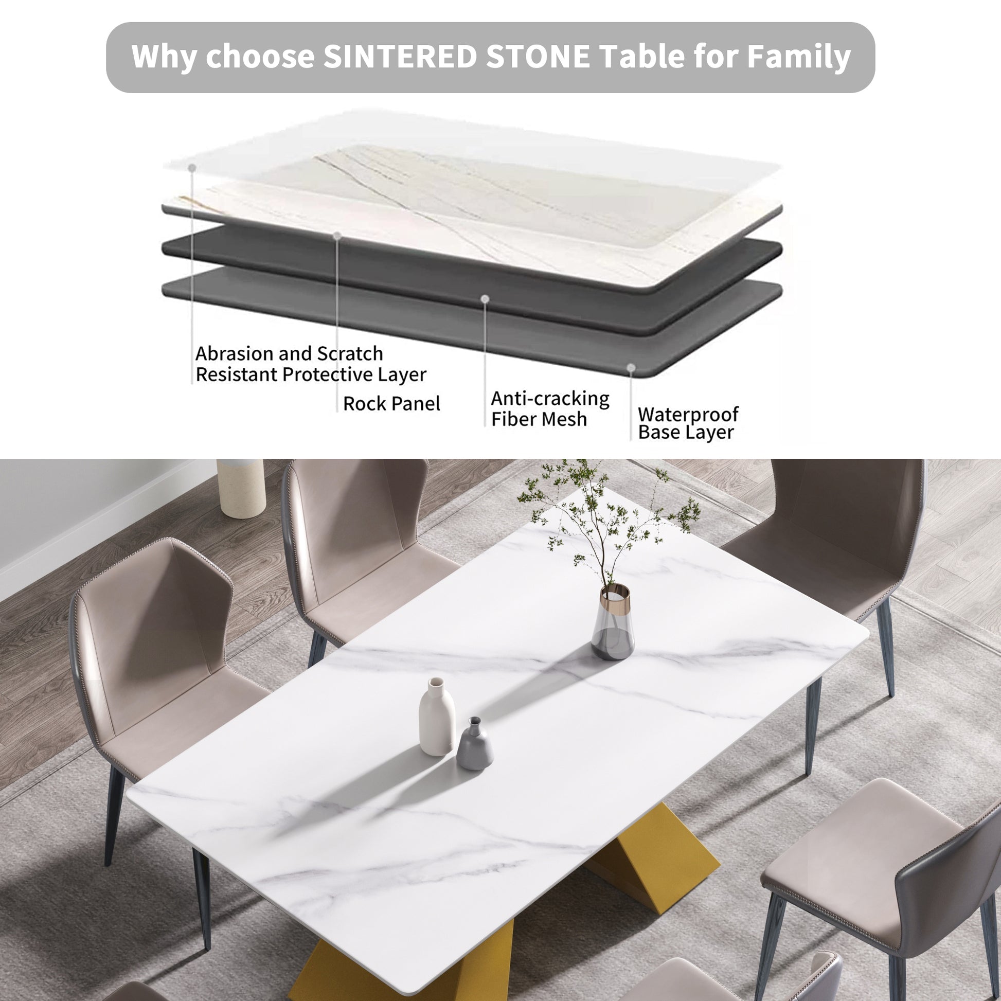 63"Modern Artificial Stone White Straight Edge Golden Metal Leg Dining Table 6 People White Metal Sintered Stone