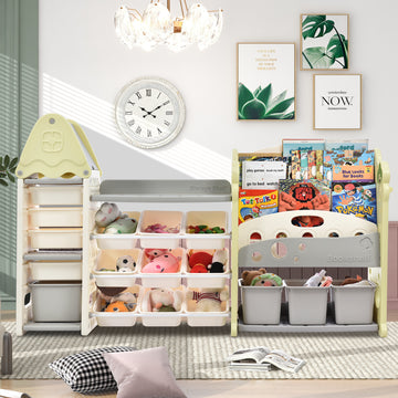 Kids Bookshelf Toy Storage Organizer With 17 Bins And 5 Bookshelves, Multi Functional Nursery Organizer Kids Furniture Set Toy Storage Cabinet Unit With Hdpe Shelf And Bins Light Green Hdpe