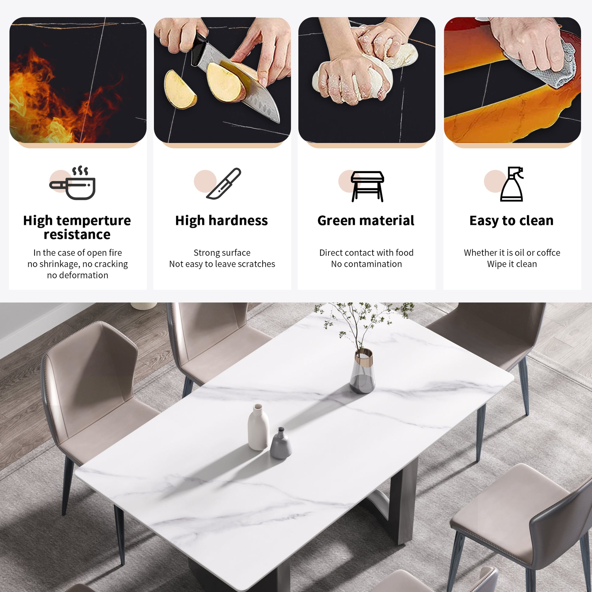 63"Modern Artificial Stone White Straight Edge Black Metal Leg Dining Table 6 People White Metal Sintered Stone