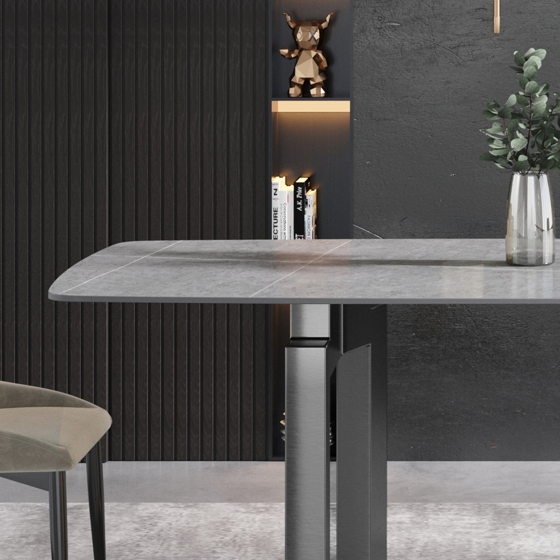 70.87"Modern Artificial Stone Gray Curved Black Metal Leg Dining Table Can Accommodate 6 8 People Gray Metal Sintered Stone
