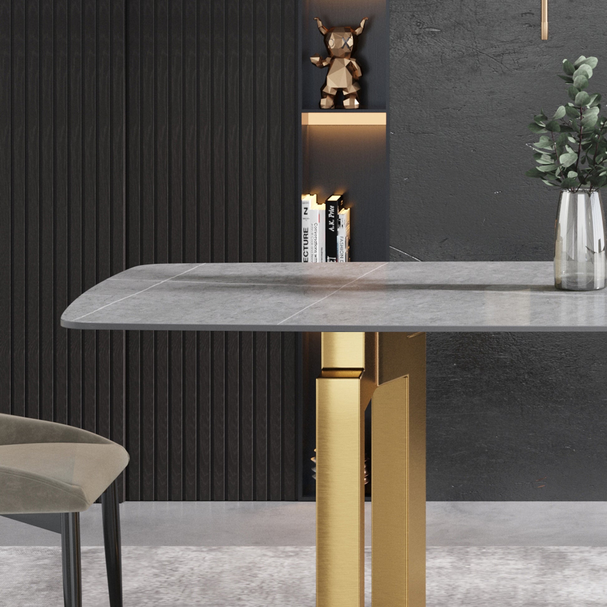 70.87"Modern Artificial Stone Gray Curved Golden Metal Leg Dining Table Can Accommodate 6 8 People Gray Metal Sintered Stone