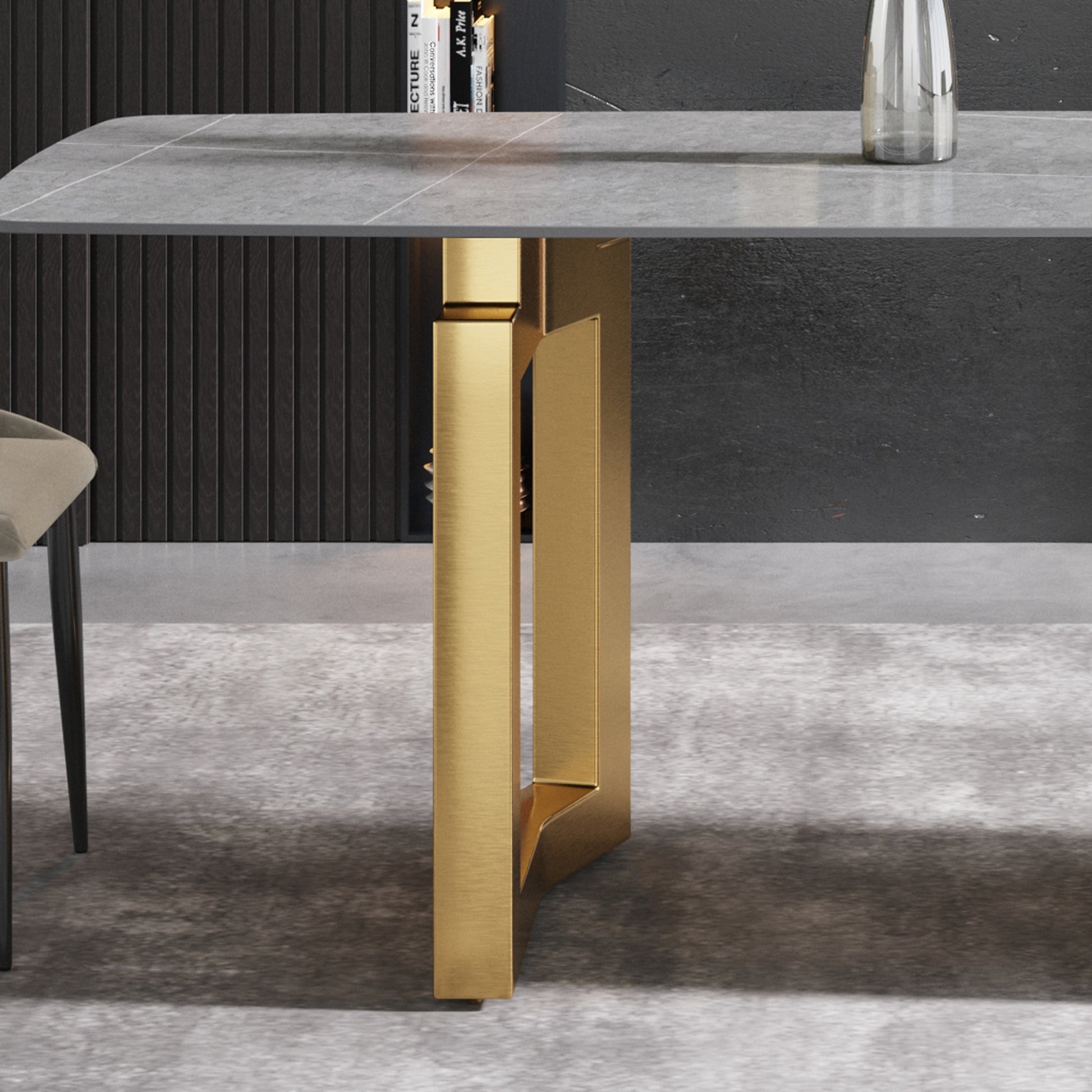 70.87"Modern Artificial Stone Gray Curved Golden Metal Leg Dining Table Can Accommodate 6 8 People Gray Metal Sintered Stone