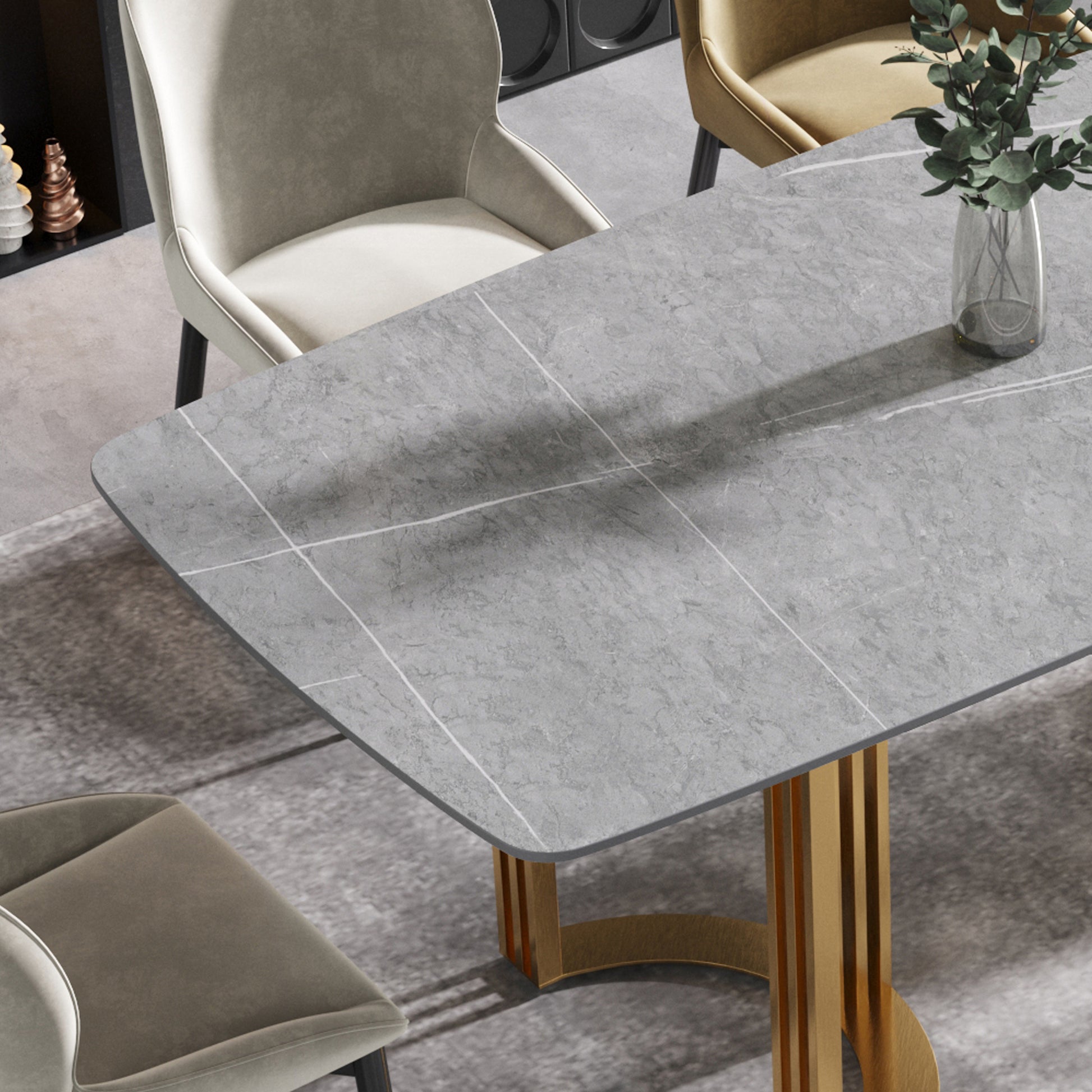 70.87"Modern Artificial Stone Gray Curved Golden Metal Leg Dining Table Can Accommodate 6 8 People Gray Metal Sintered Stone