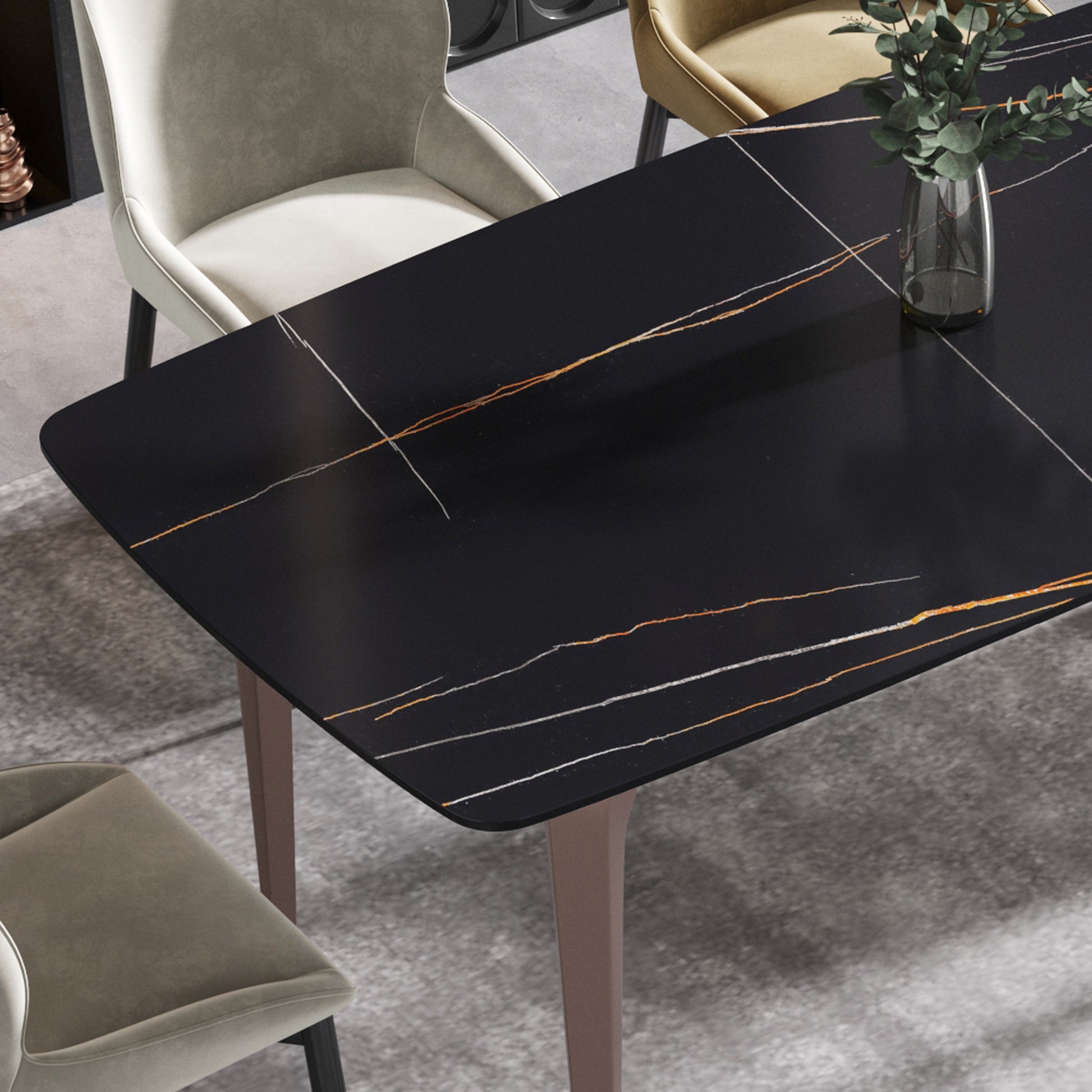 70.87"Modern Artificial Stone Black Curved Metal Leg Dining Table Can Accommodate 6 8 People Black Metal Sintered Stone