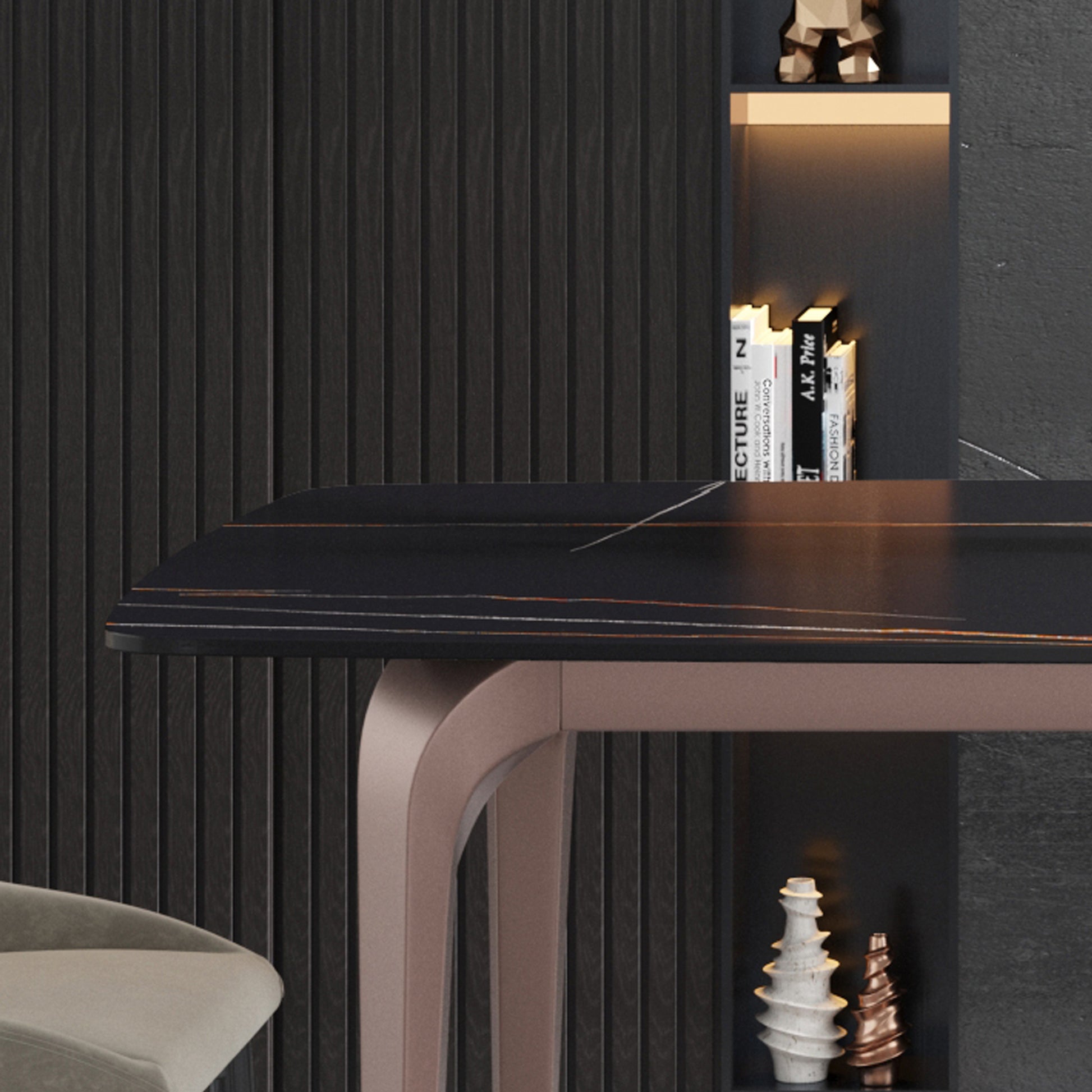 70.87"Modern Artificial Stone Black Curved Metal Leg Dining Table Can Accommodate 6 8 People Black Metal Sintered Stone