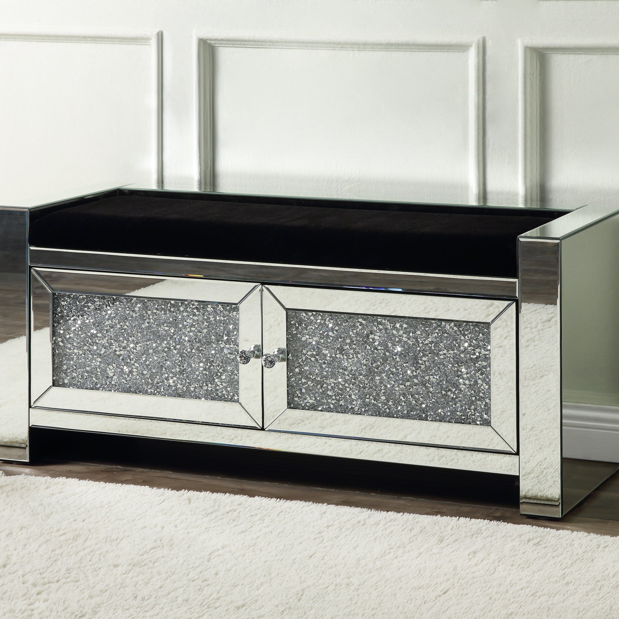 Noralie Bench W Storage Mirrored & Faux Diamonds Ac00540 Silver Glass