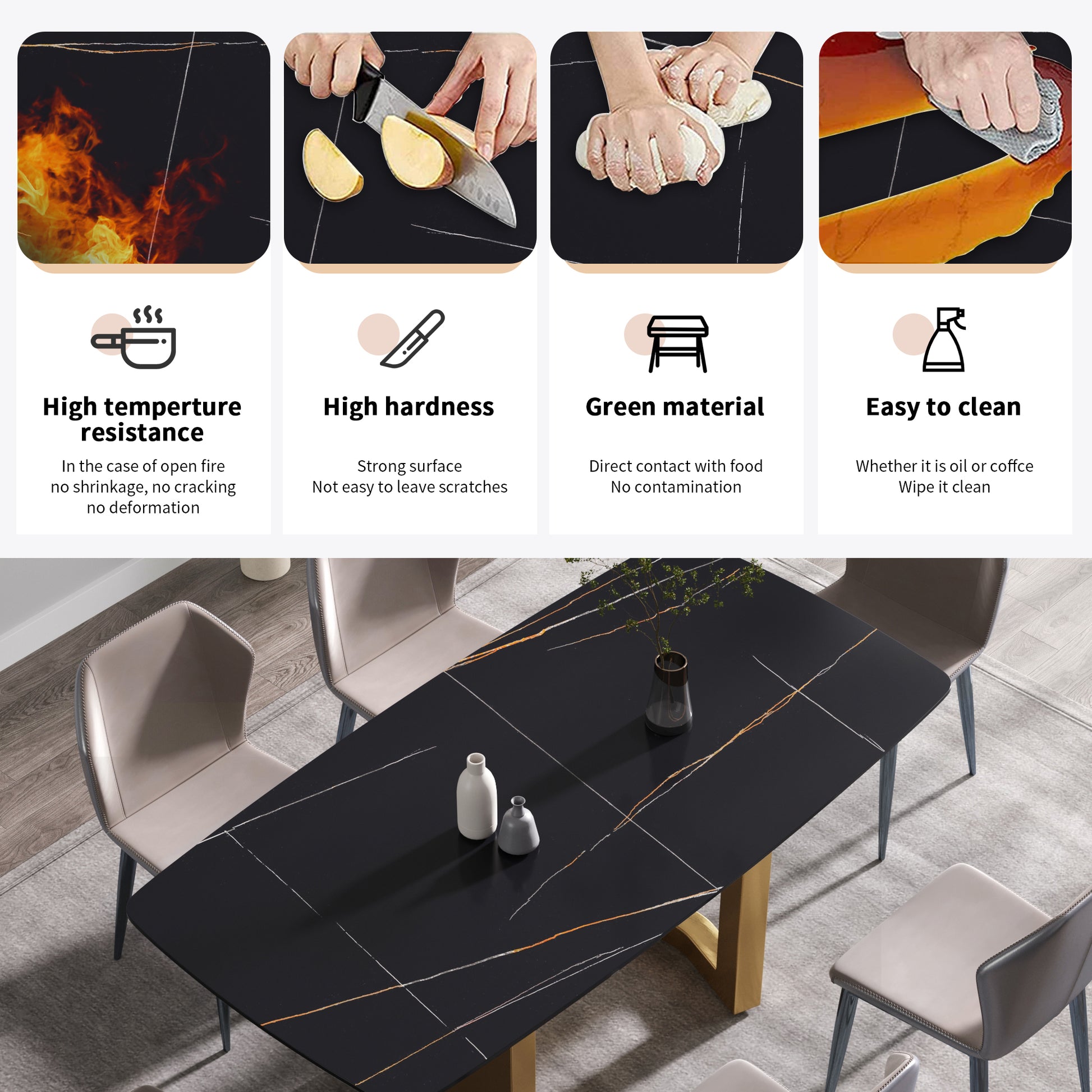 70.87"Modern Artificial Stone Black Curved Golden Metal Leg Dining Table Can Accommodate 6 8 People Black Metal Sintered Stone