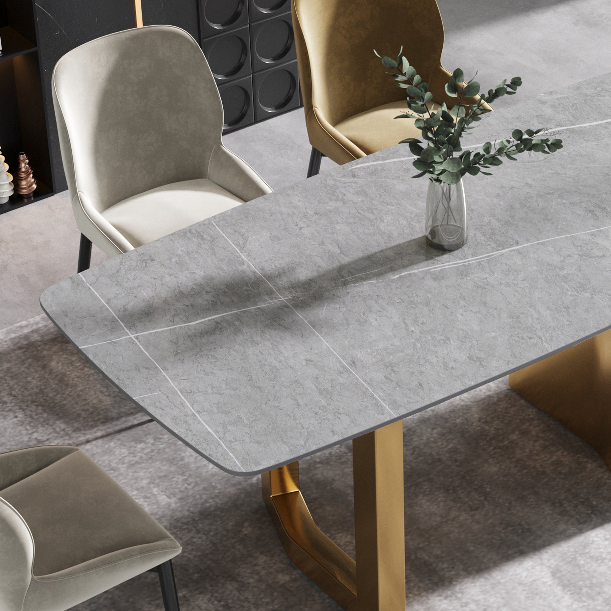 70.87"Modern Artificial Stone Gray Curved Golden Metal Leg Dining Table Can Accommodate 6 8 People Gray Metal Sintered Stone