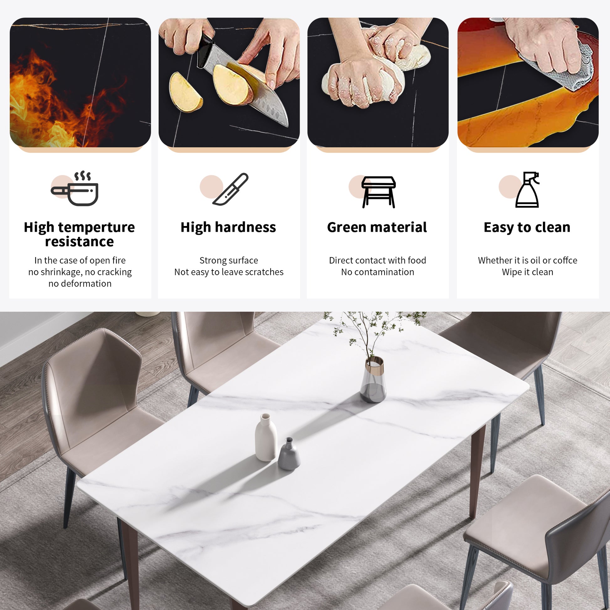 63"Modern Artificial Stone White Straight Edge Metal Leg Dining Table 6 People White Metal Sintered Stone