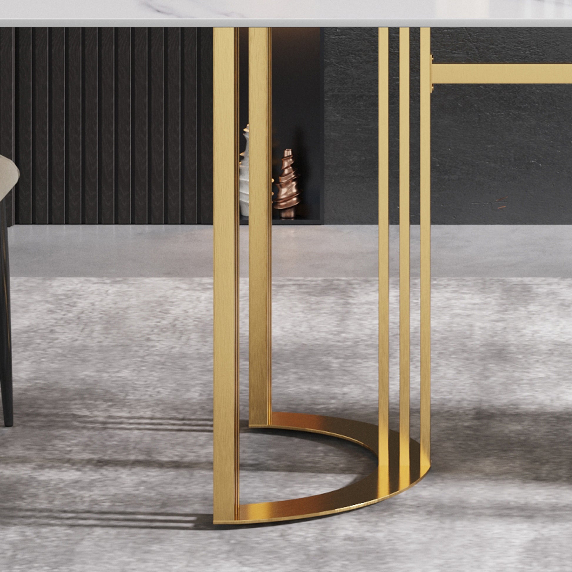 63"Modern Artificial Stone White Straight Edge Golden Metal Leg Dining Table 6 People White Metal Sintered Stone