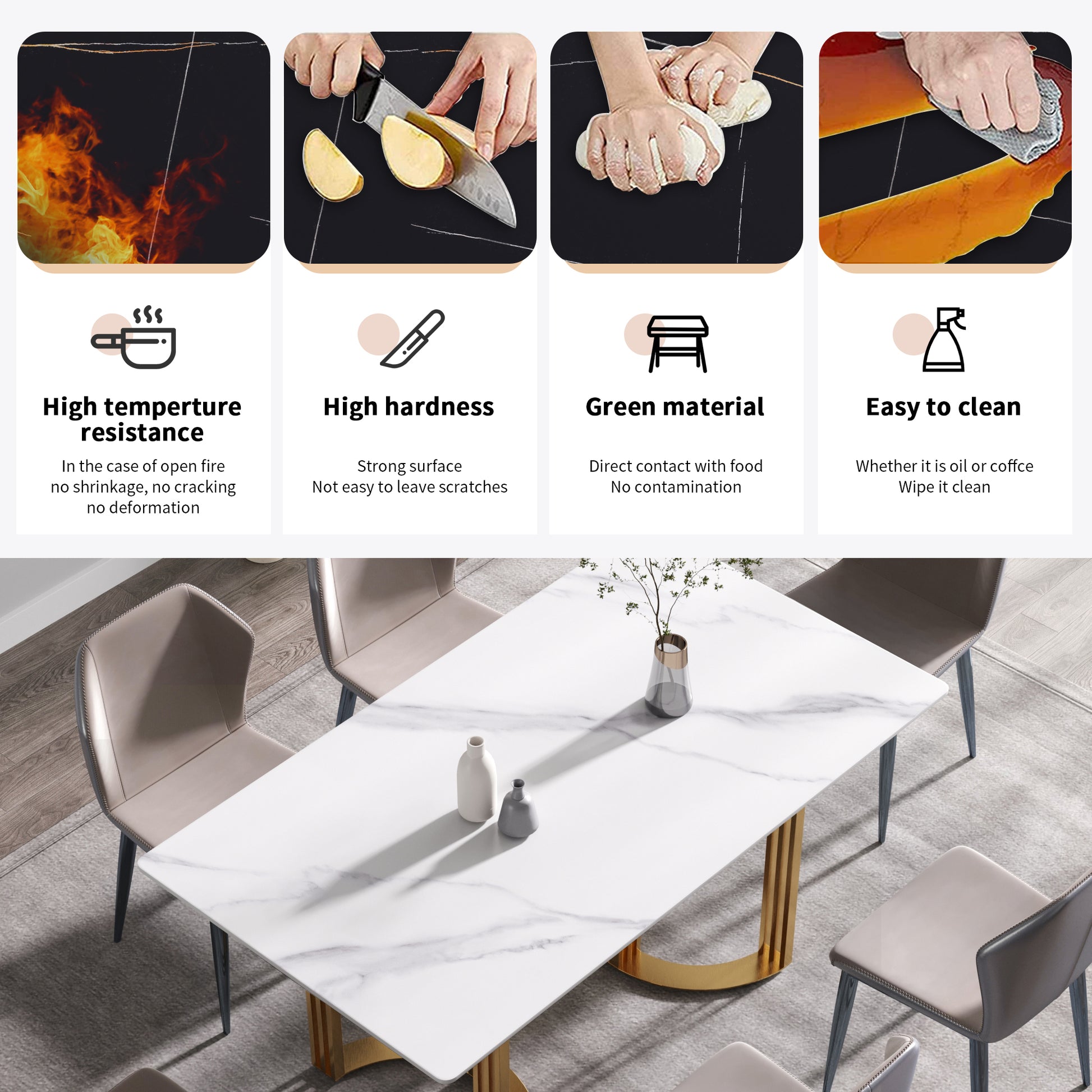 63"Modern Artificial Stone White Straight Edge Golden Metal Leg Dining Table 6 People White Metal Sintered Stone