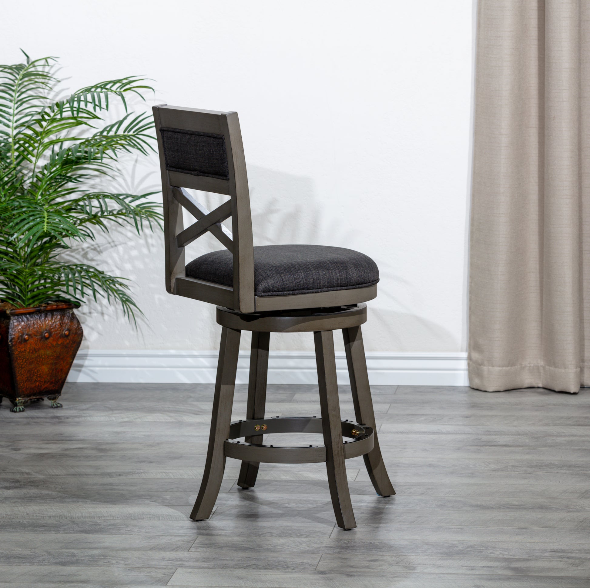 24" Counter Height X Back Swivel Stool, Weathered Gray Finish, Charcoal Fabric Seat Gray Fabric