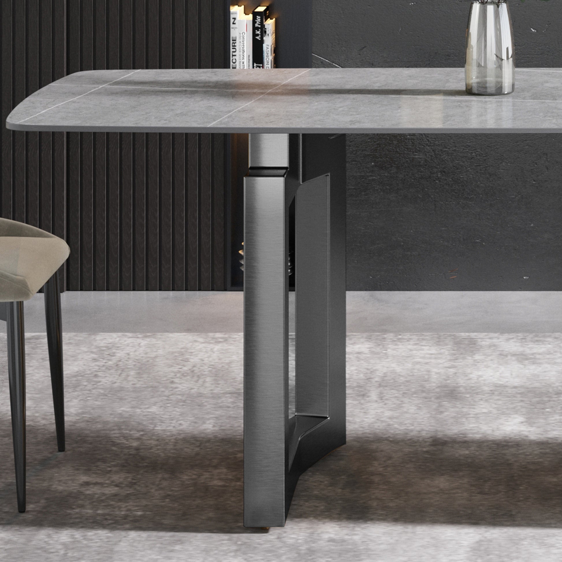 70.87"Modern Artificial Stone Gray Curved Black Metal Leg Dining Table Can Accommodate 6 8 People Gray Metal Sintered Stone