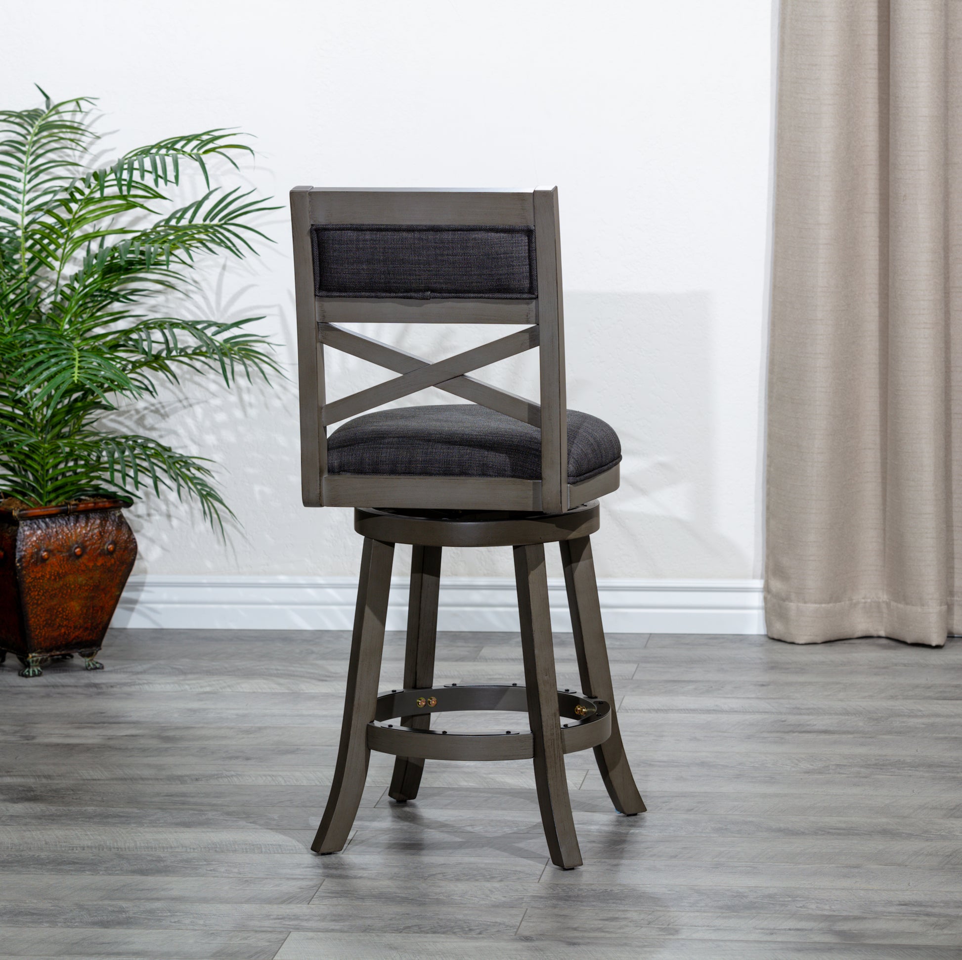 24" Counter Height X Back Swivel Stool, Weathered Gray Finish, Charcoal Fabric Seat Gray Fabric