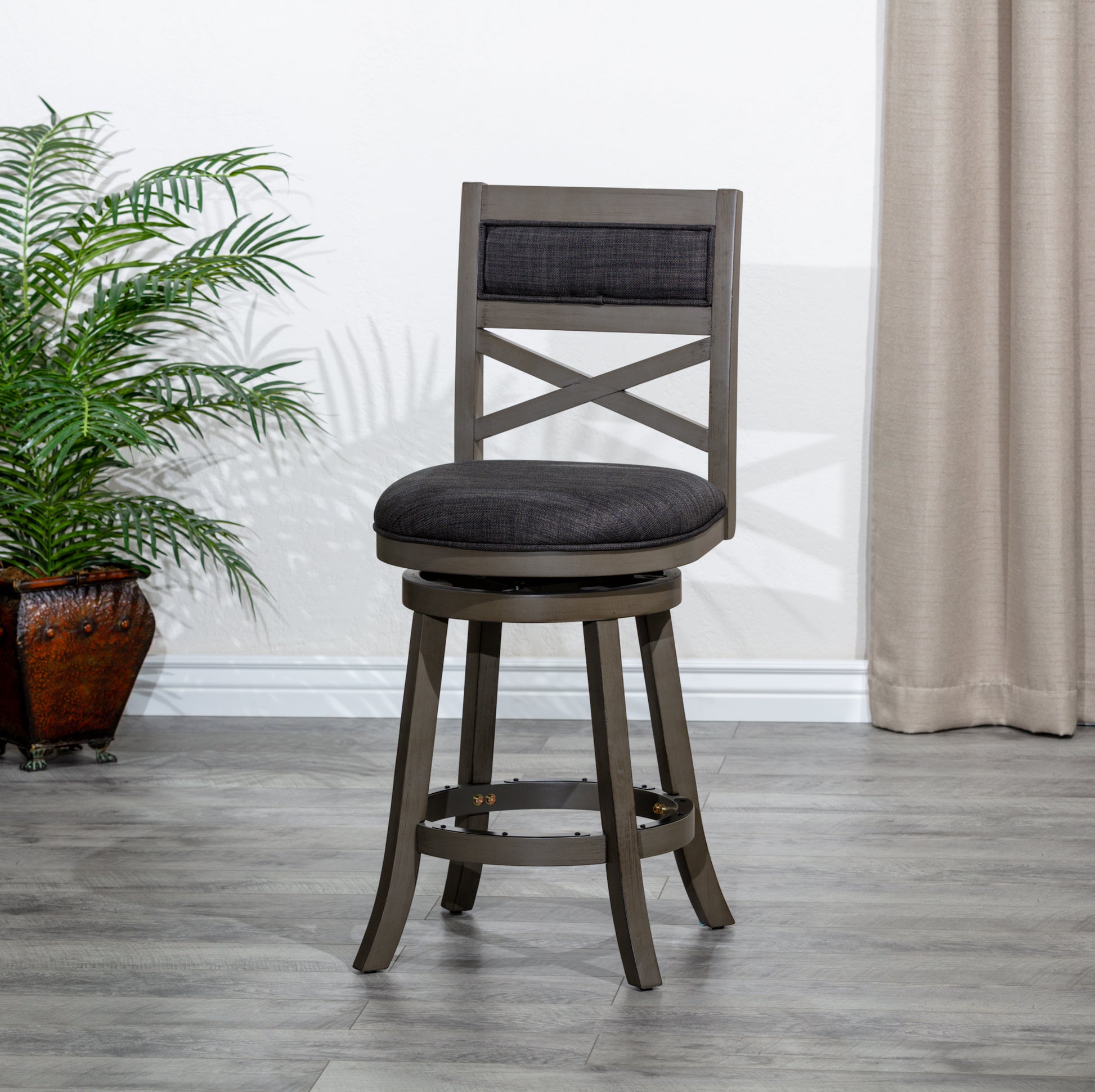 24" Counter Height X Back Swivel Stool, Weathered Gray Finish, Charcoal Fabric Seat Gray Fabric
