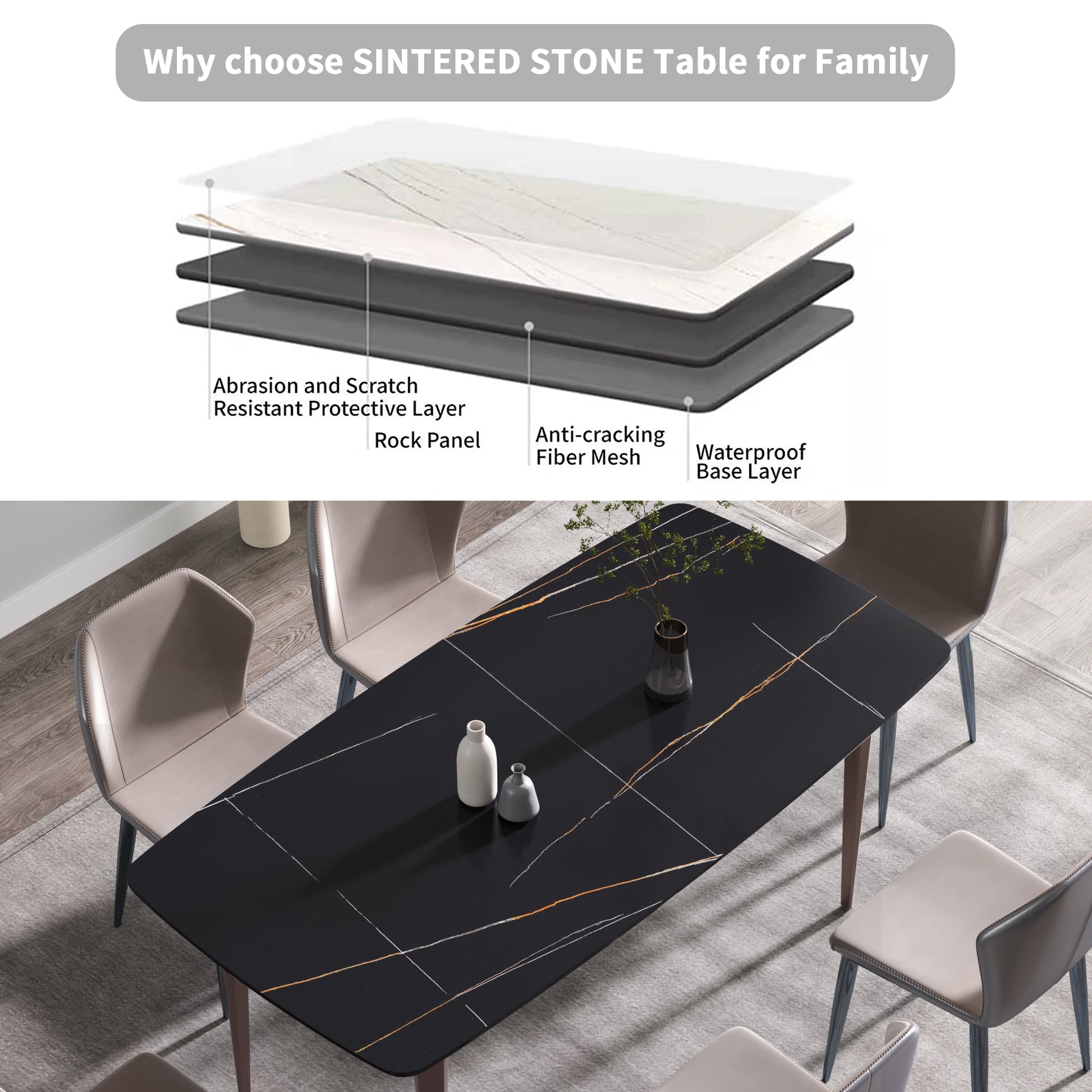 70.87"Modern Artificial Stone Black Curved Metal Leg Dining Table Can Accommodate 6 8 People Black Metal Sintered Stone