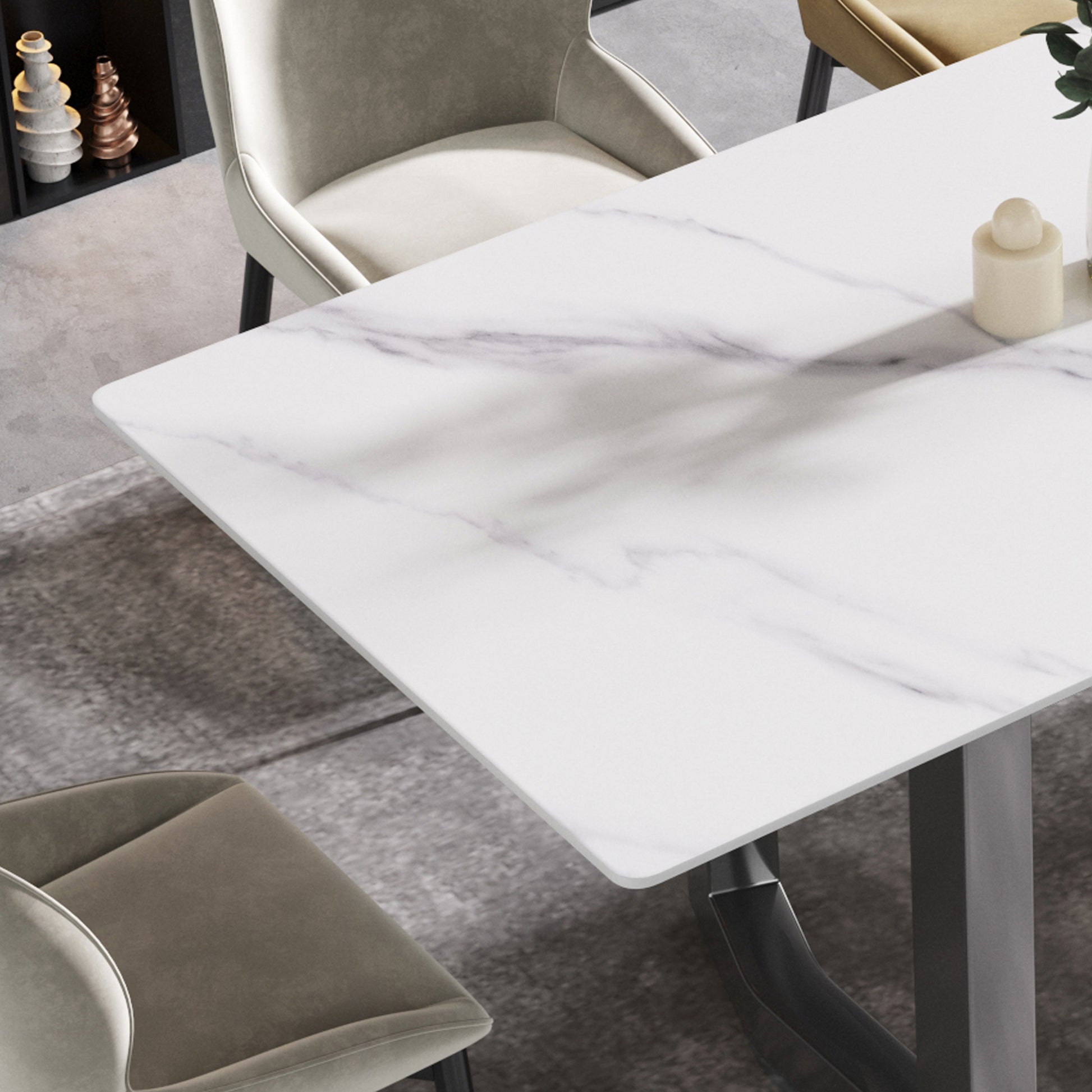 63"Modern Artificial Stone White Straight Edge Black Metal Leg Dining Table 6 People White Metal Sintered Stone