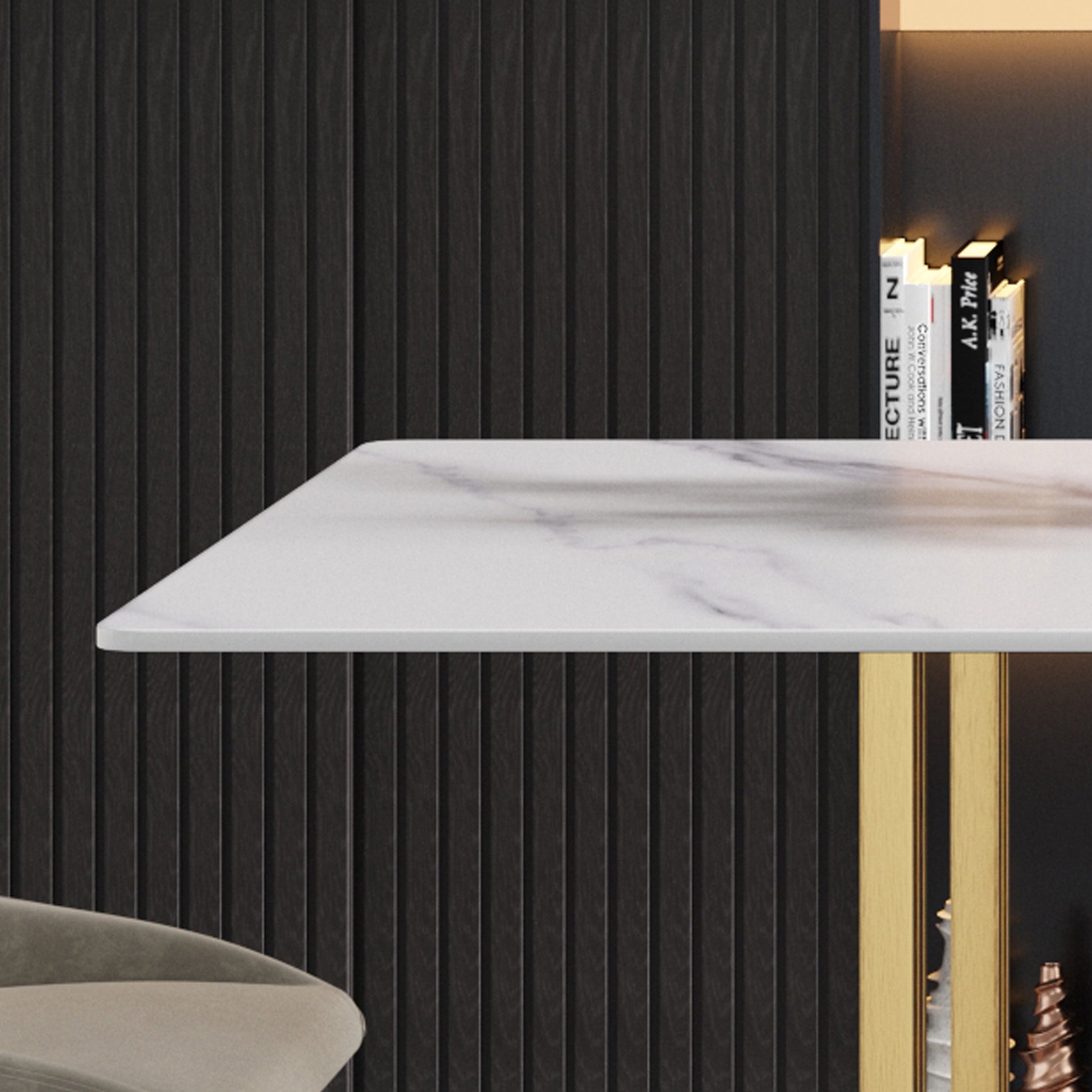 63"Modern Artificial Stone White Straight Edge Golden Metal Leg Dining Table 6 People White Metal Sintered Stone