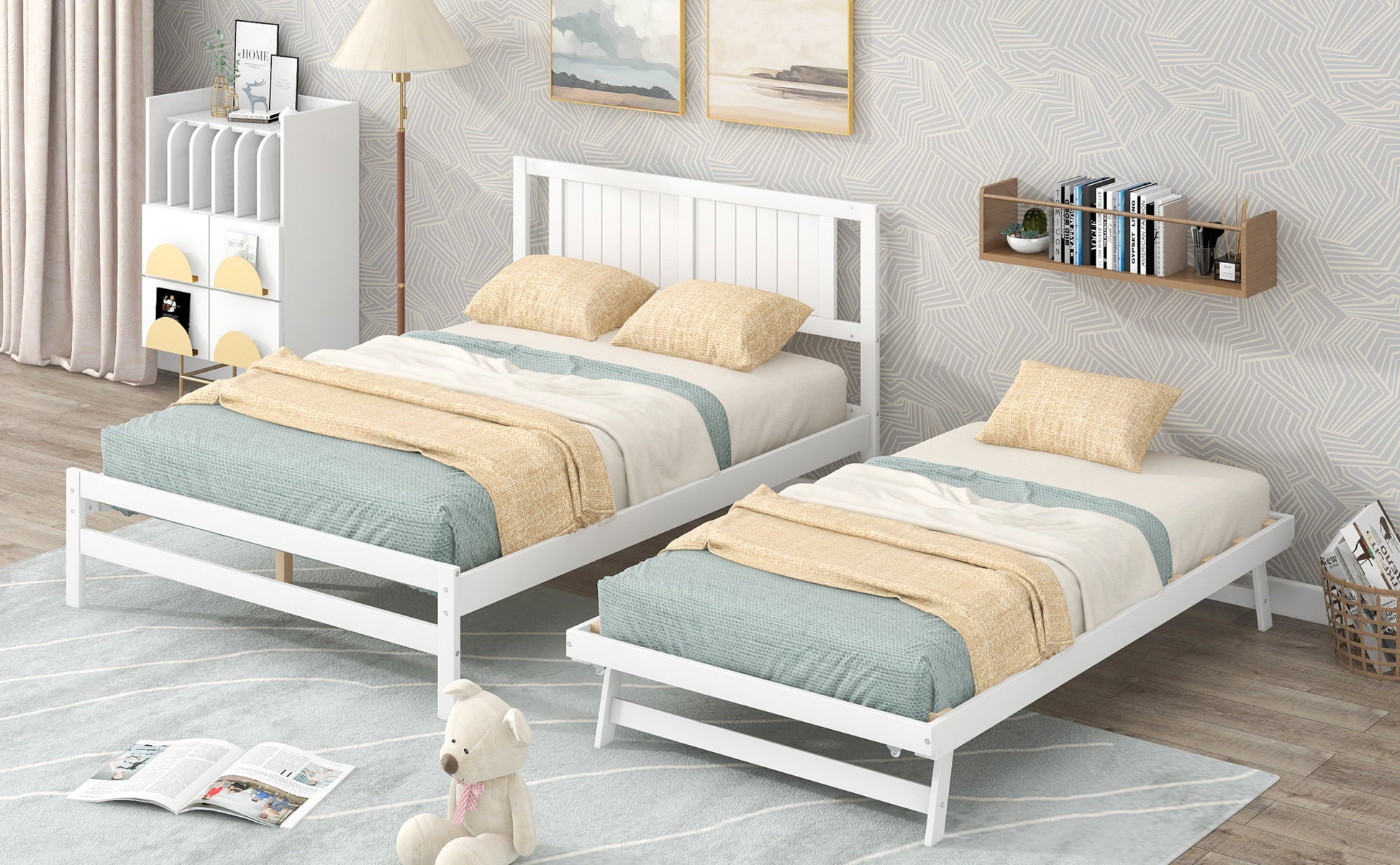 Full Size Platform Bed With Adjustable Trundle,White Old Sku:Sm000248Aak White Pine