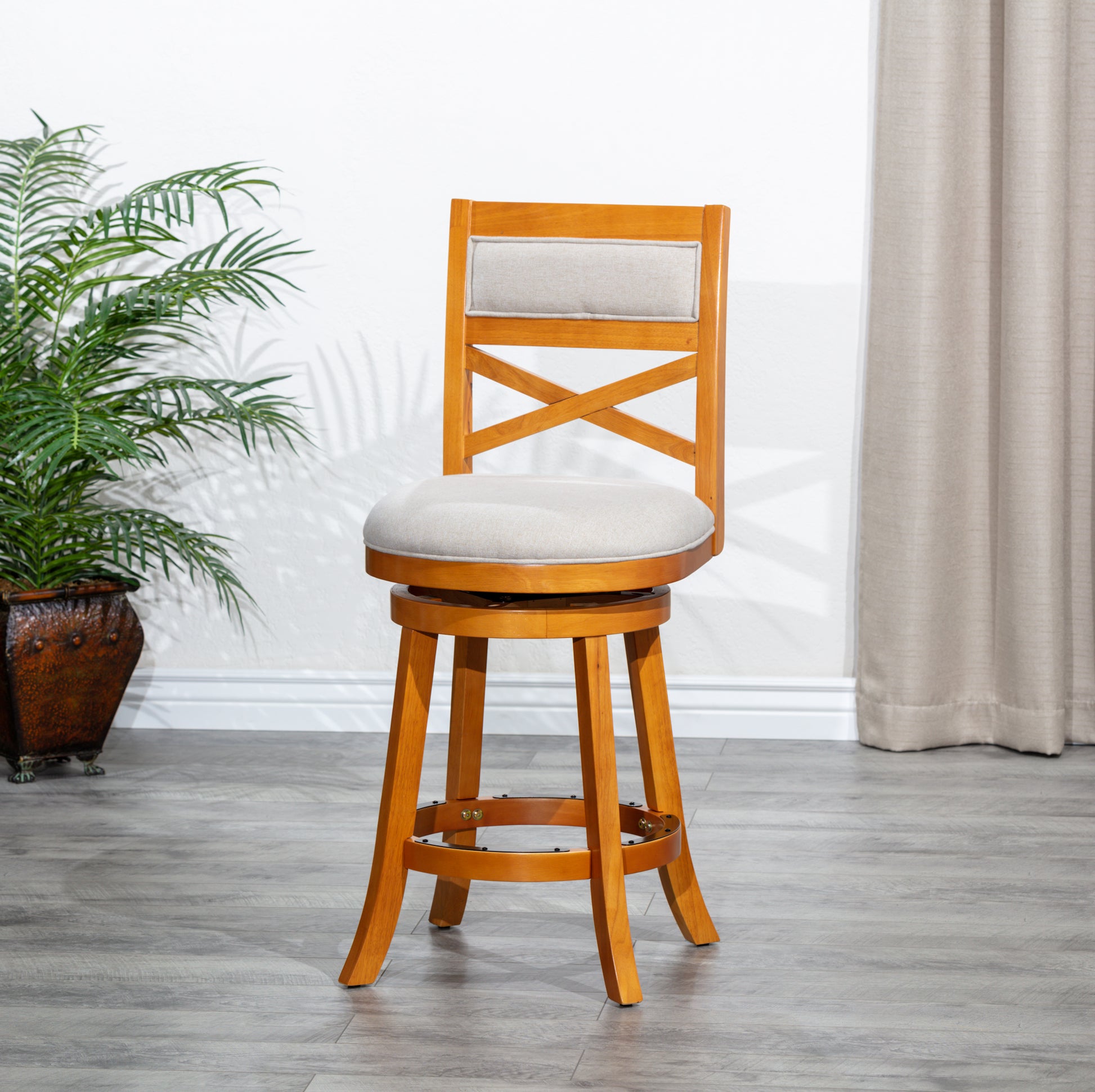 30" Bar Height X Back Swivel Stool, Natural Finish, Beige Fabric Seat Natural Fabric