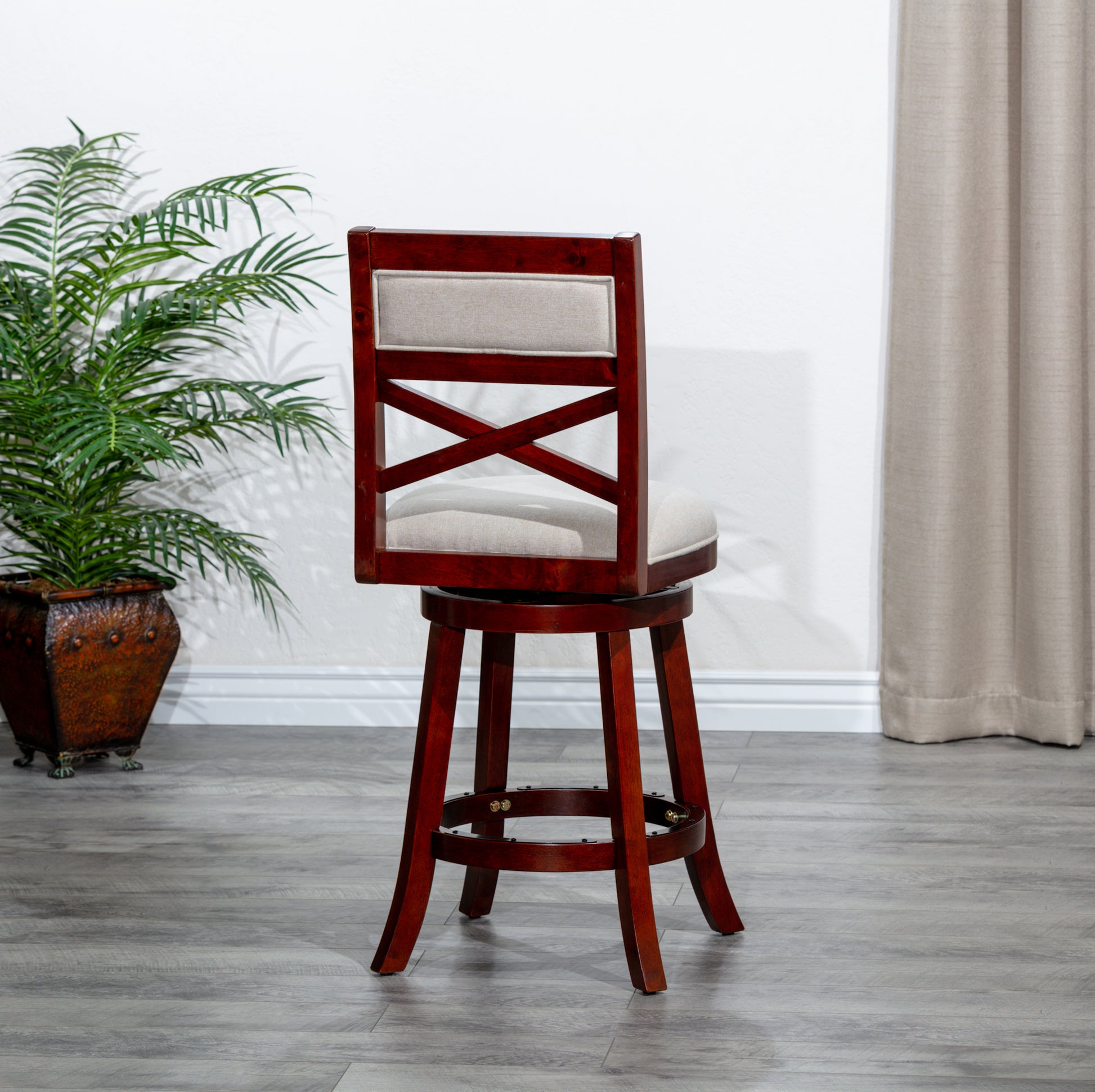 30" Bar Height X Back Swivel Stool, Cherry Finish, Beige Fabric Seat Cherry Fabric