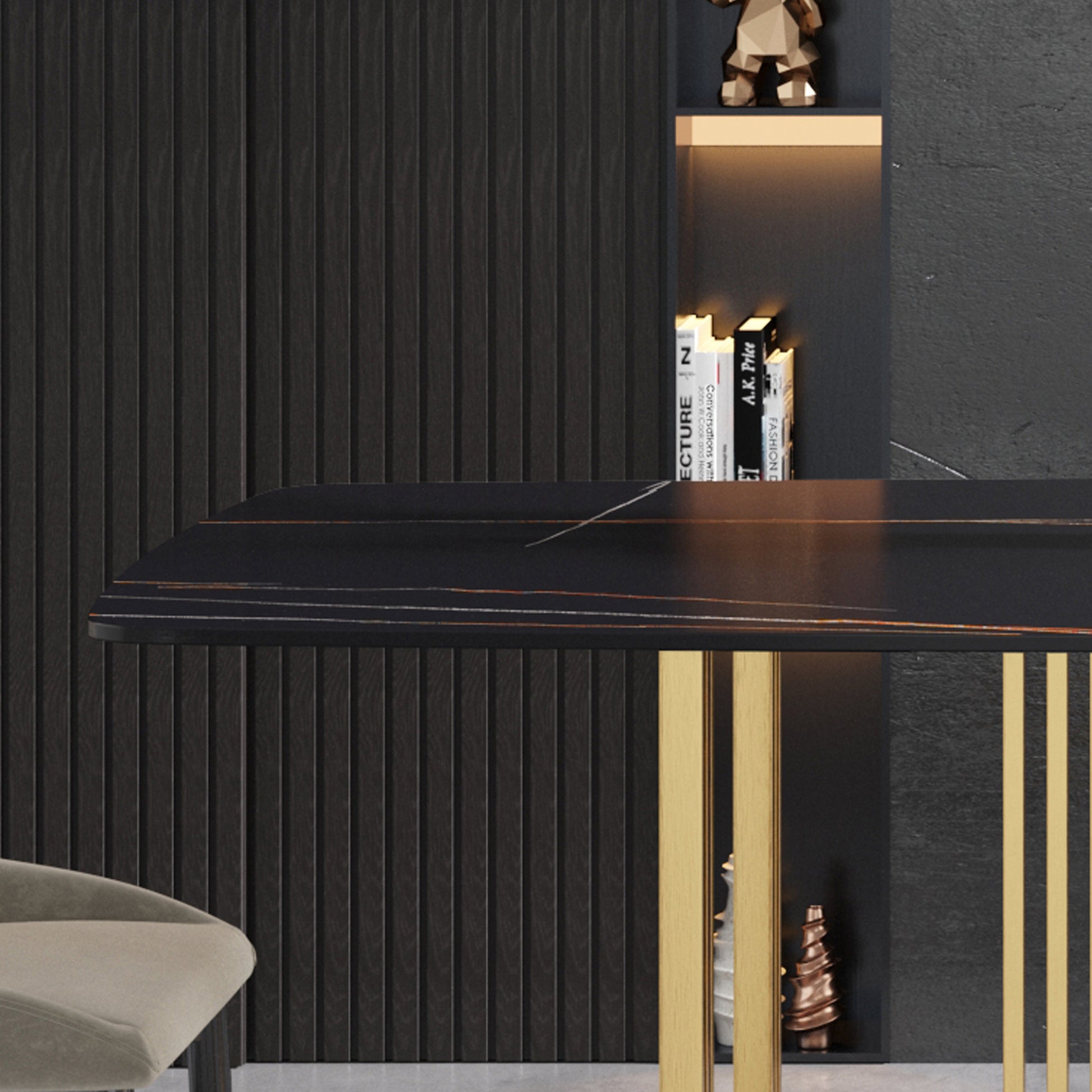 70.87"Modern Artificial Stone Black Curved Golden Metal Leg Dining Table Can Accommodate 6 8 People Black Metal Sintered Stone