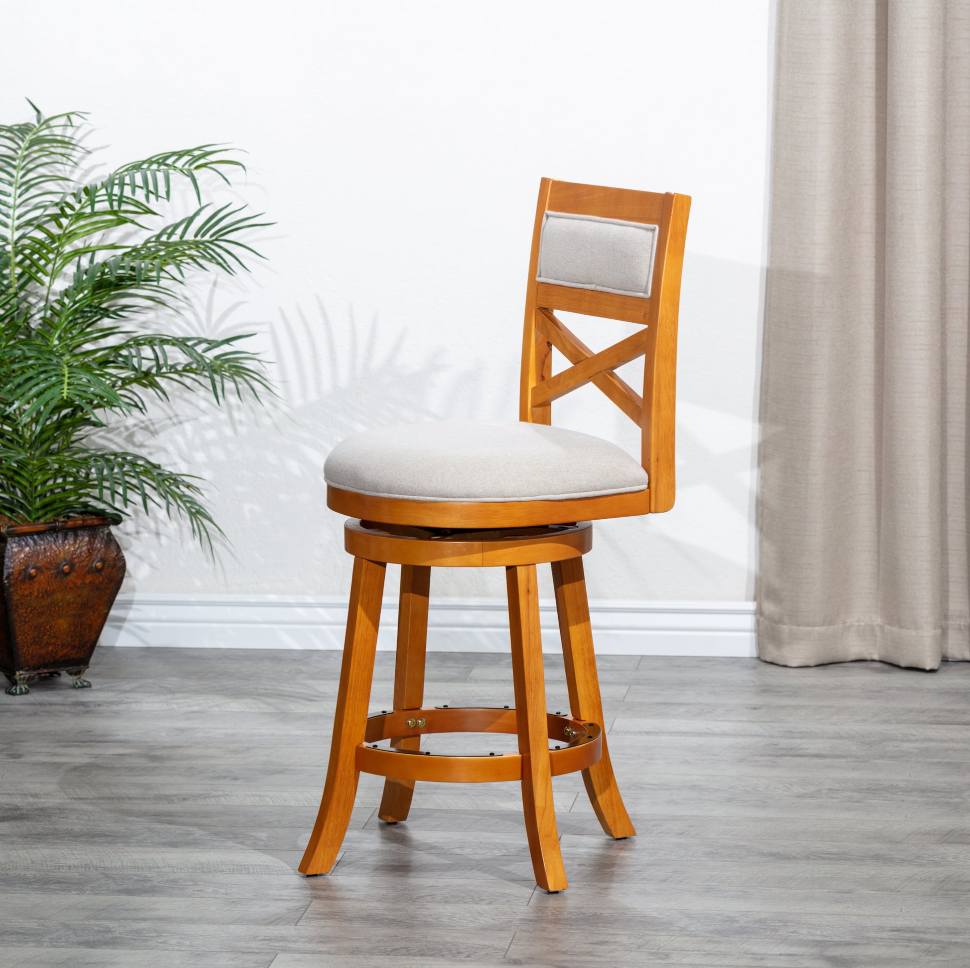 30" Bar Height X Back Swivel Stool, Natural Finish, Beige Fabric Seat Natural Fabric