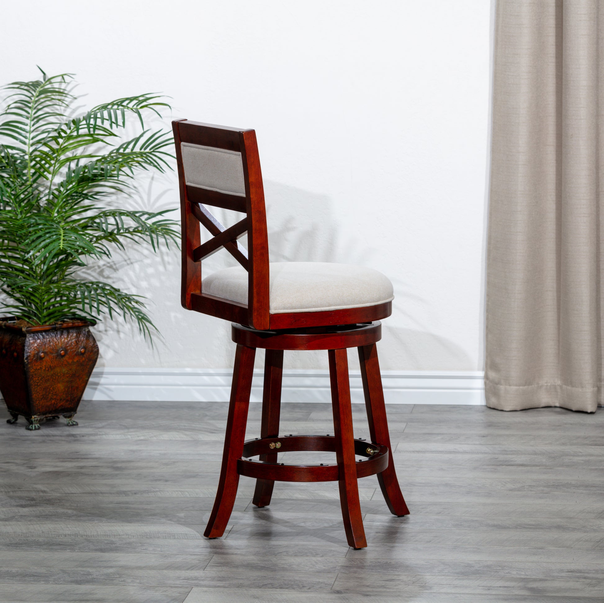 30" Bar Height X Back Swivel Stool, Cherry Finish, Beige Fabric Seat Cherry Fabric