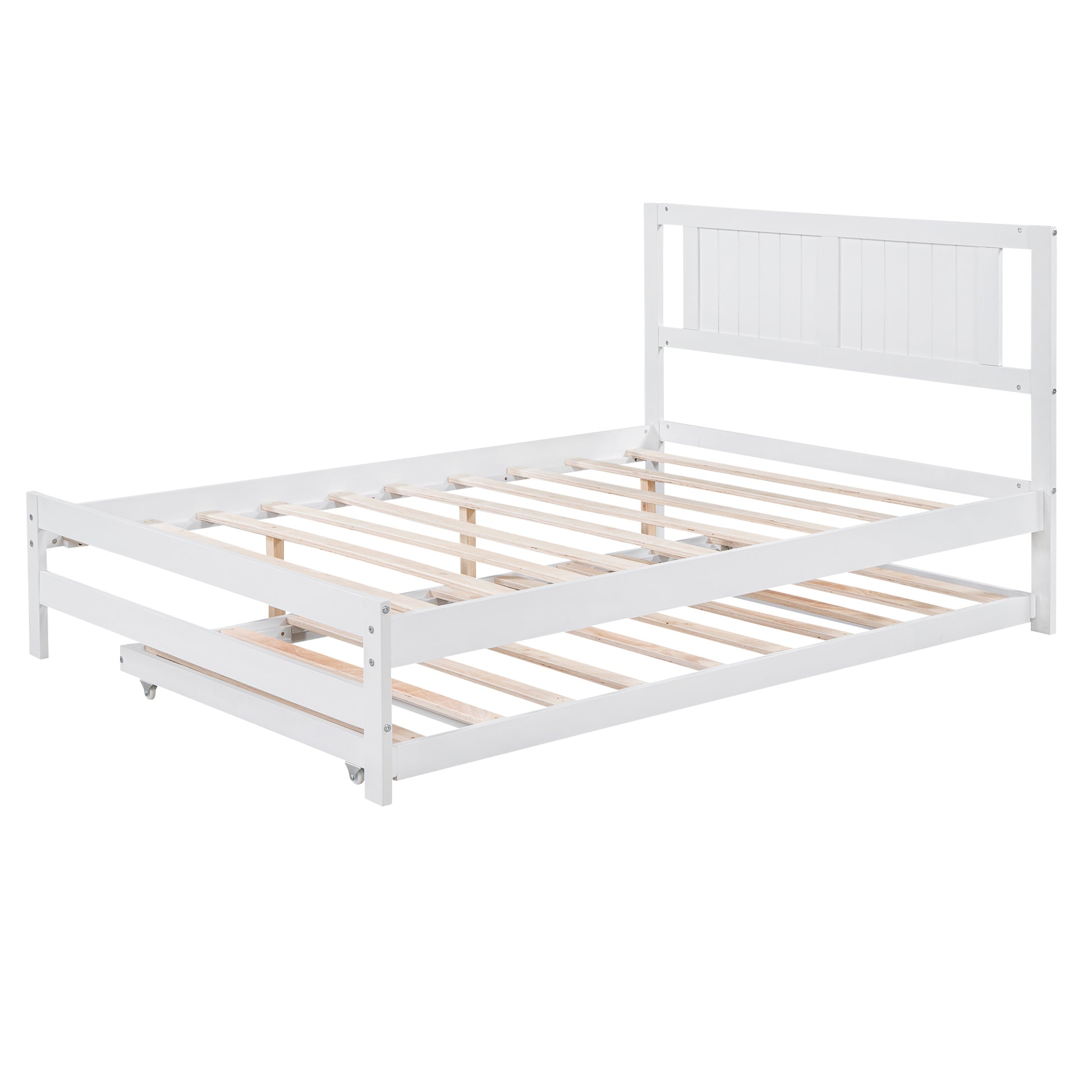 Full Size Platform Bed With Adjustable Trundle,White Old Sku:Sm000248Aak White Pine