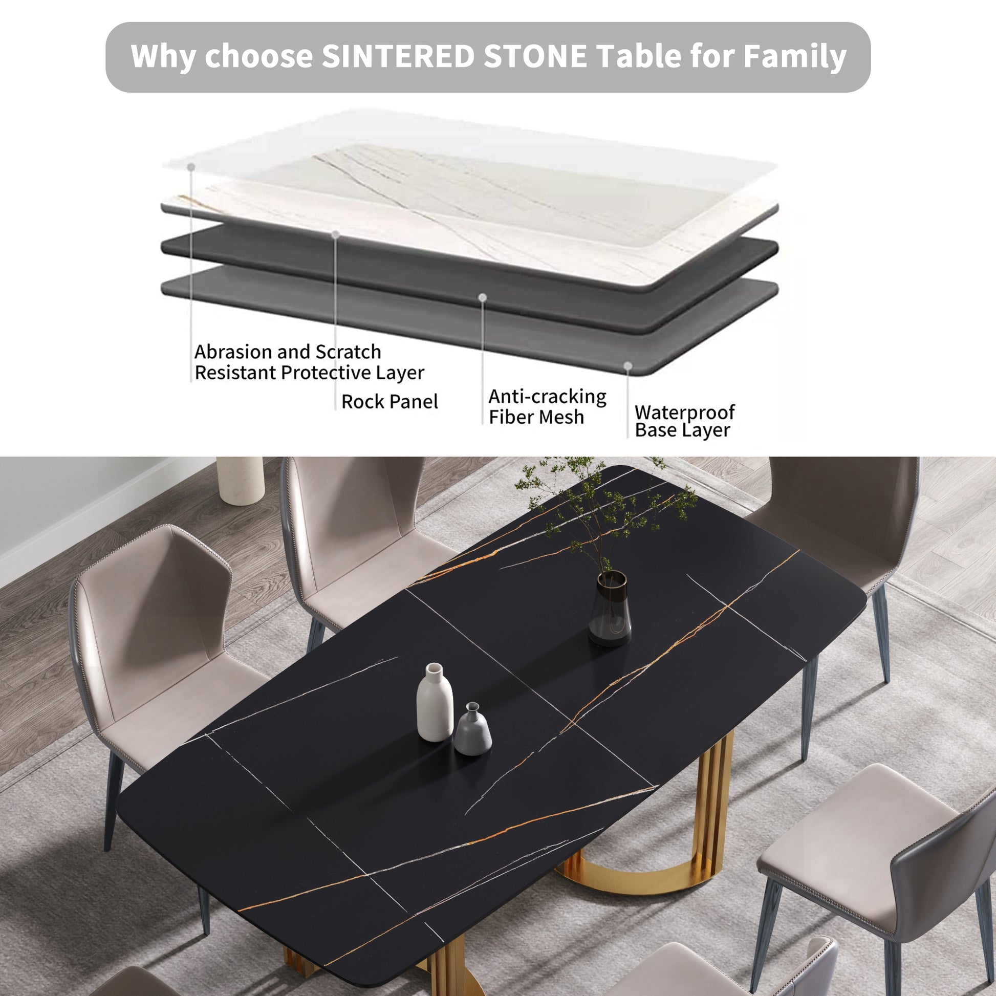 70.87"Modern Artificial Stone Black Curved Golden Metal Leg Dining Table Can Accommodate 6 8 People Black Metal Sintered Stone