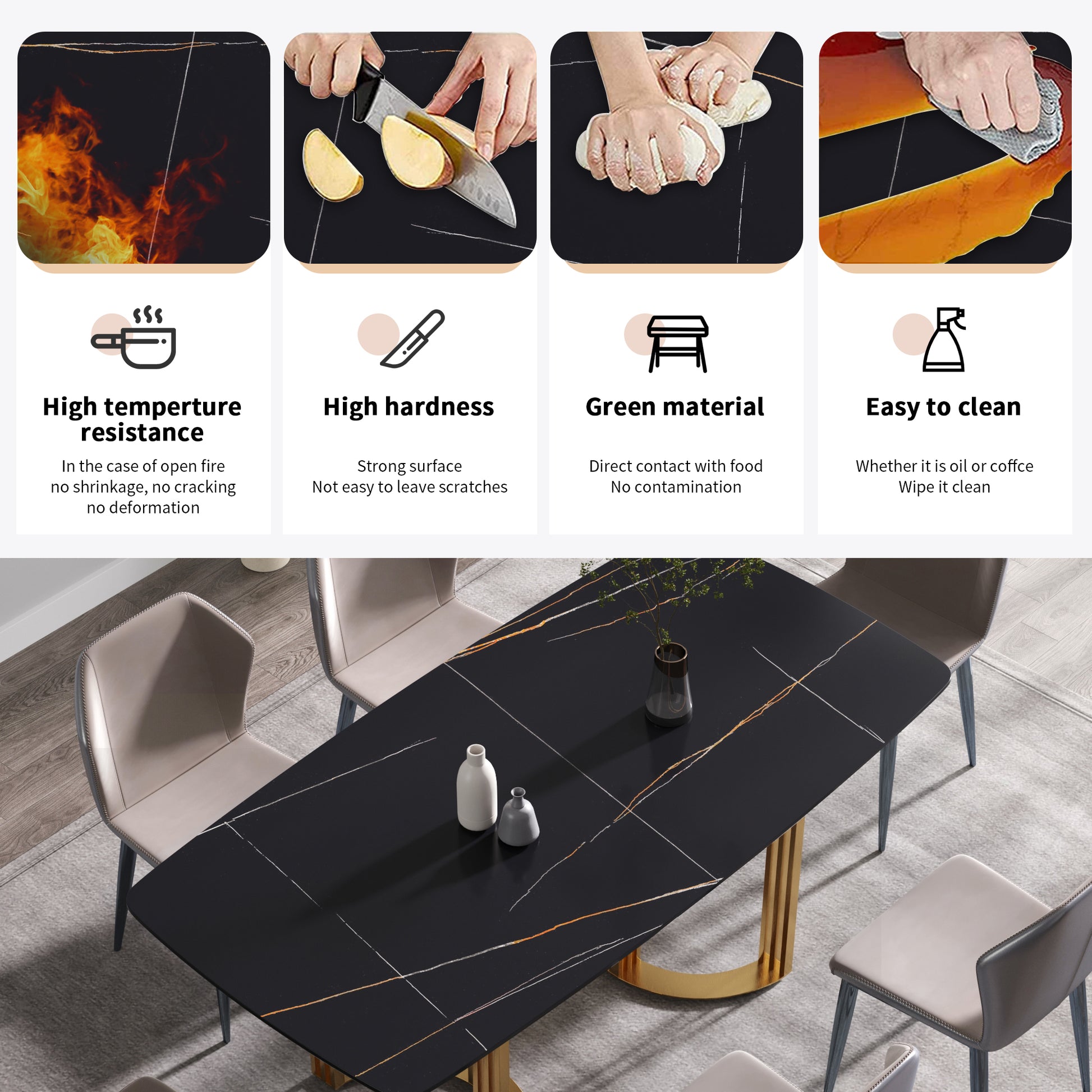 70.87"Modern Artificial Stone Black Curved Golden Metal Leg Dining Table Can Accommodate 6 8 People Black Metal Sintered Stone