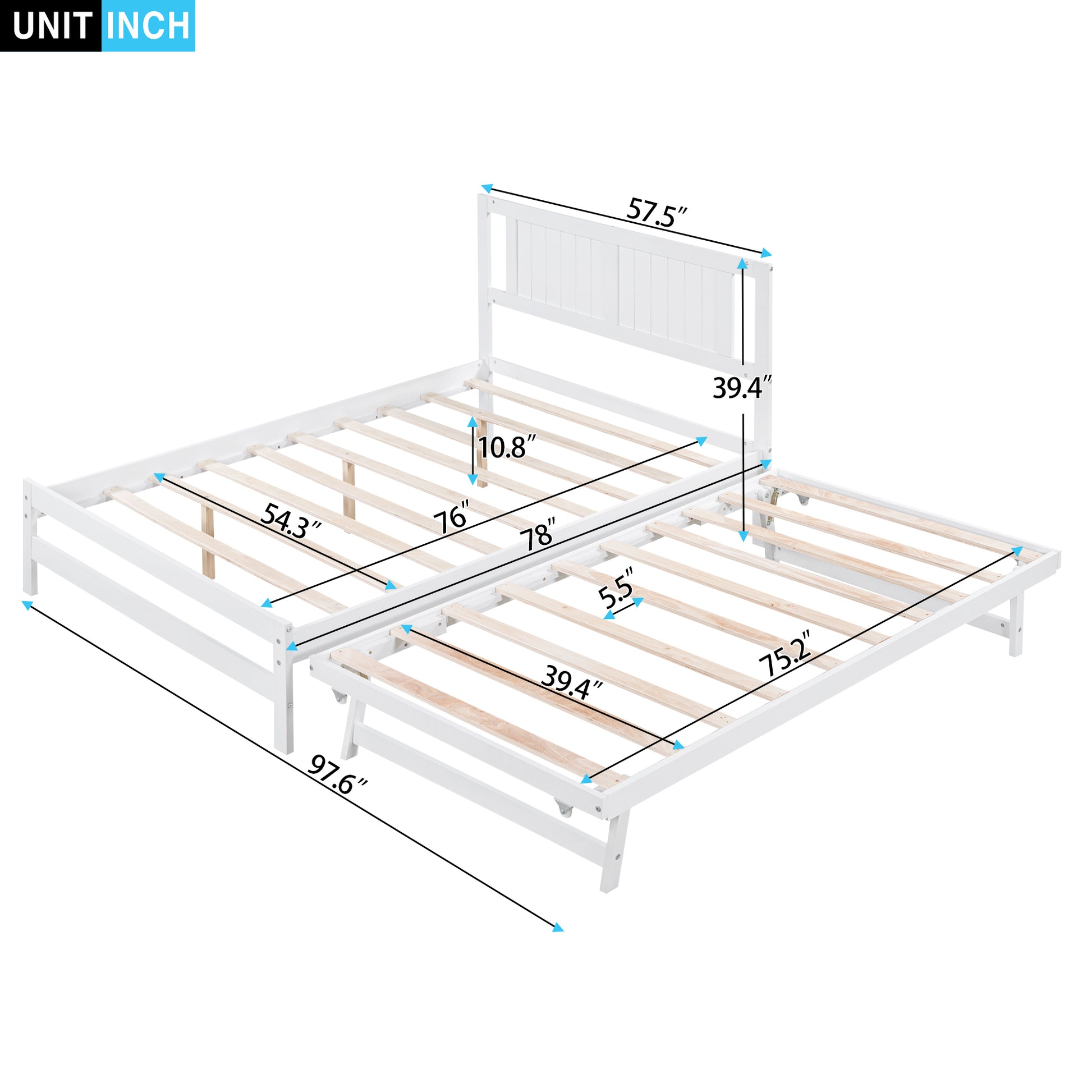 Full Size Platform Bed With Adjustable Trundle,White Old Sku:Sm000248Aak White Pine