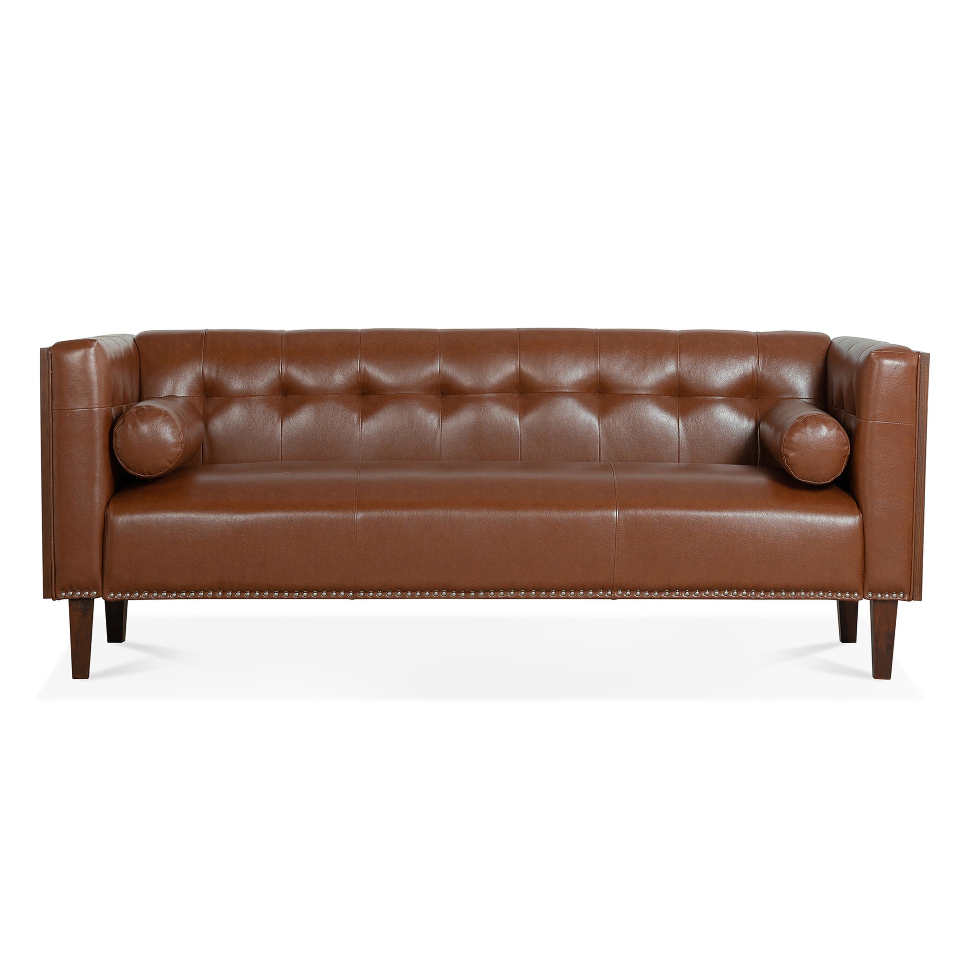 78.74" Wooden Decorated Arm 3 Seater Sofa Brown Pu Pu